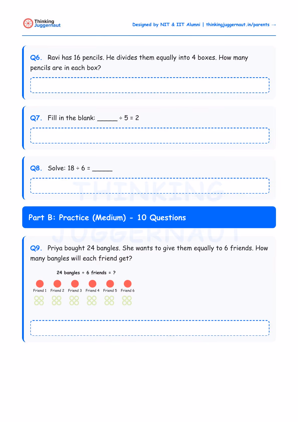Math worksheet with division questions about dividing pencils and bangles equally among boxes and friends, including a visual of 24 bangles divided among 6 friends.