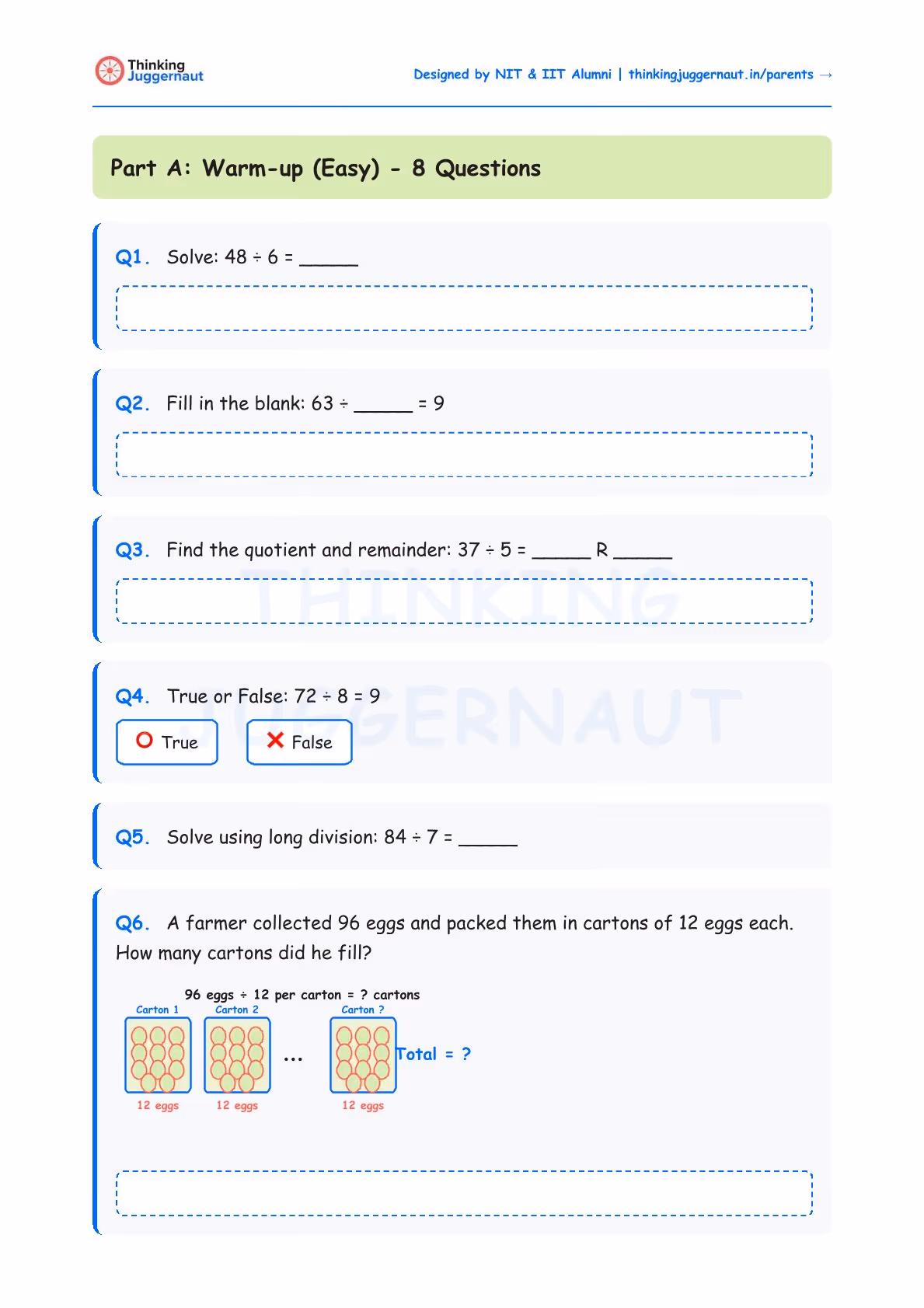 Math worksheet titled Part A: Warm-up (Easy) with 6 division questions including solve, fill in the blank, find quotient and remainder, true or false, solve using long division, and a word problem about packing 96 eggs in cartons of 12 eggs each.