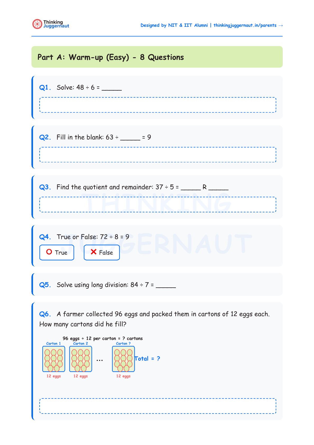 Math worksheet titled Part A: Warm-up (Easy) with 6 division questions including solve, fill in the blank, find quotient and remainder, true or false, solve using long division, and a word problem about packing 96 eggs in cartons of 12 eggs each.