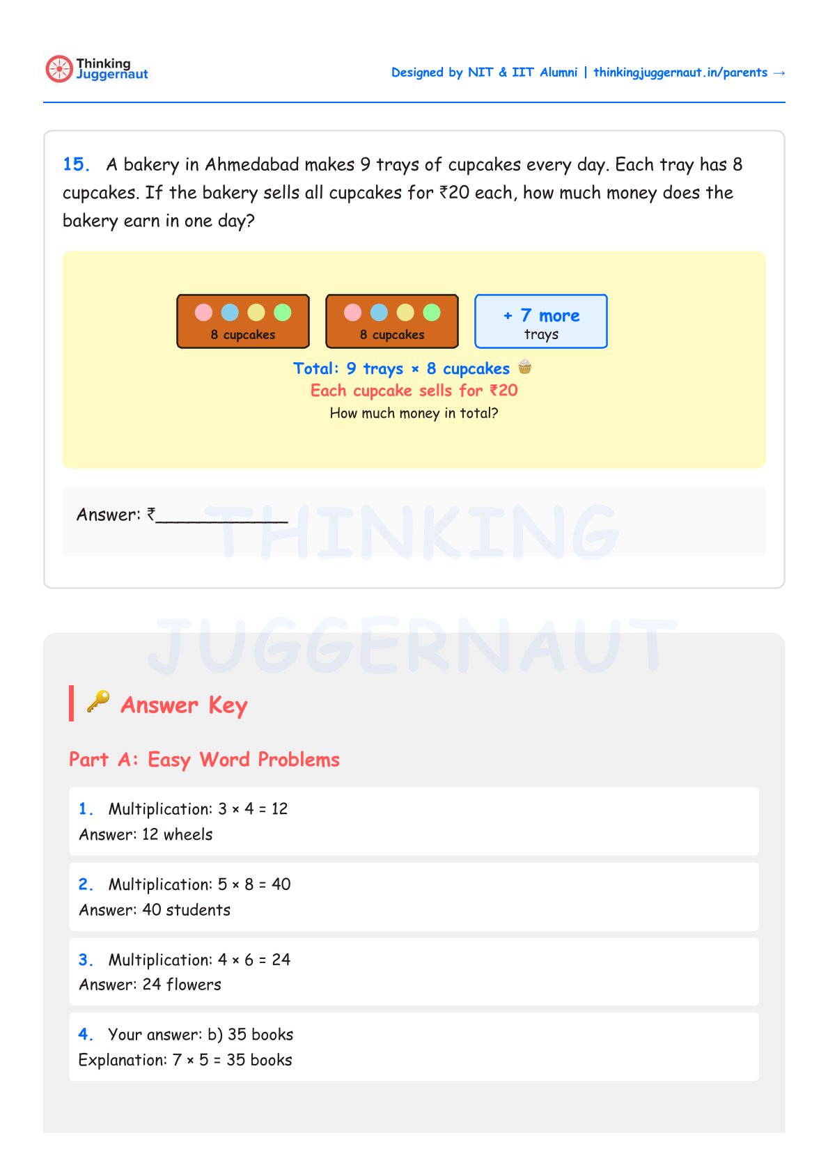 Math word problem: A bakery in Ahmedabad makes 9 trays of 8 cupcakes each. If each cupcake sells for ₹20, how much money does the bakery earn in one day? Includes illustration of trays and multiplication expression 9 trays x 8 cupcakes.