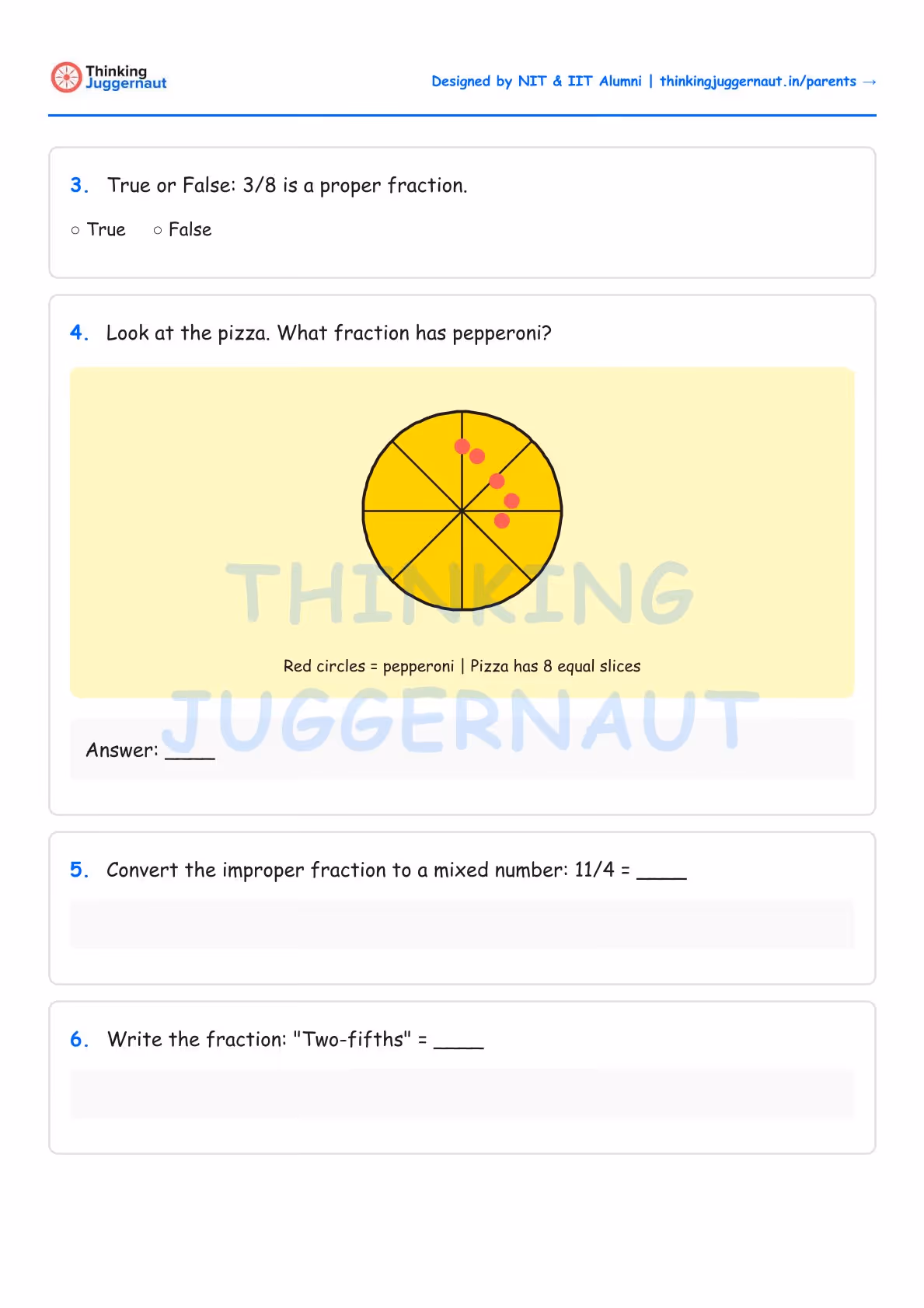 Math worksheet showing fraction exercises including a pizza divided into 8 slices with 4 slices marked with red circles as pepperoni.