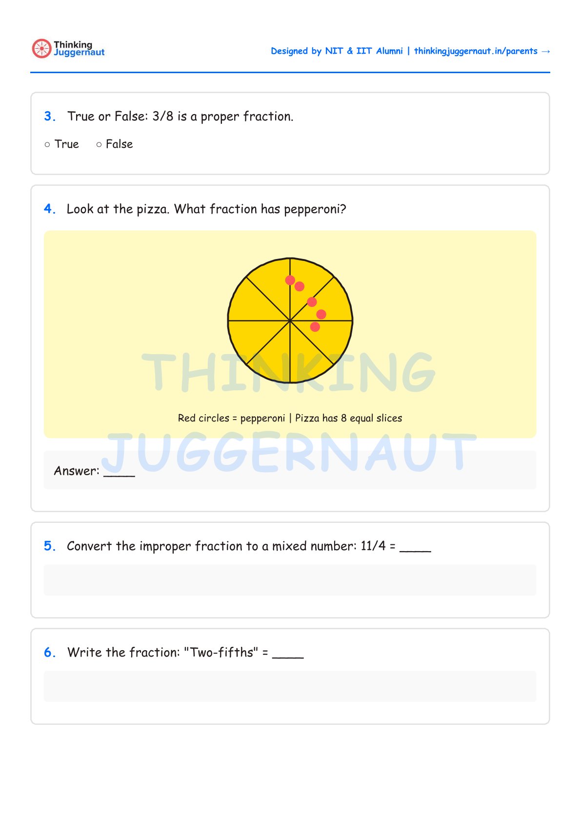 Math worksheet showing fraction exercises including a pizza divided into 8 slices with 4 slices marked with red circles as pepperoni.