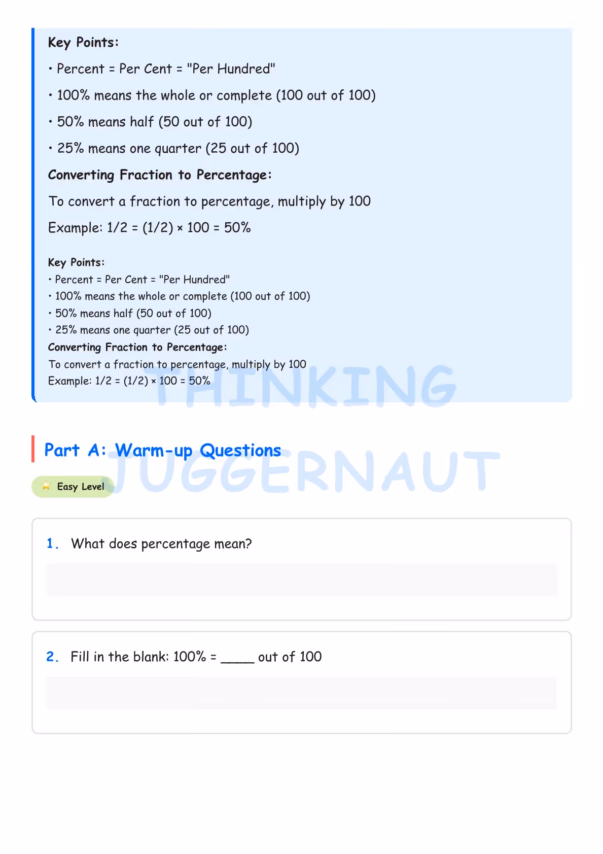 Educational worksheet explaining percentage with key points and two warm-up questions: meaning of percentage and fill in the blank for 100% out of 100.