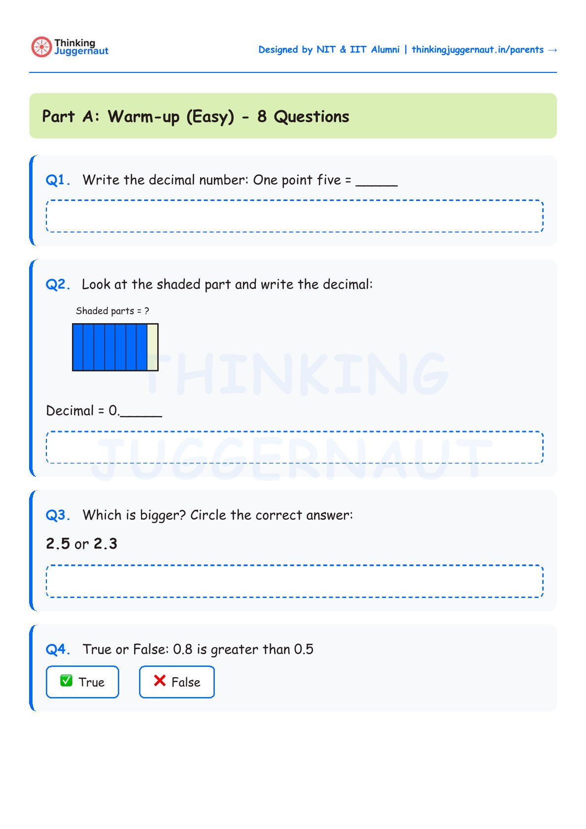 Worksheet titled Part A: Warm-up (Easy) with 4 decimal-related questions including writing decimals, identifying decimals from shaded parts, comparing decimals, and true or false question.