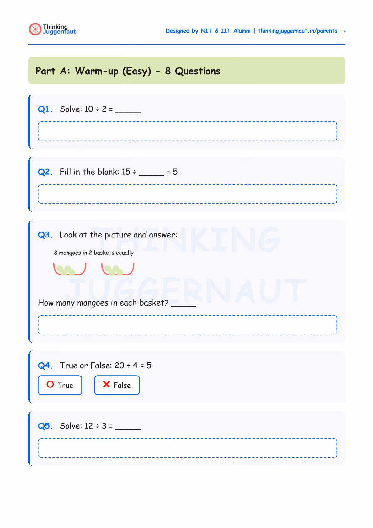 Worksheet titled 'Part A: Warm-up (Easy) - 8 Questions' with division problems including solving 10 ÷ 2, filling blank 15 ÷ ? = 5, counting mangoes in two baskets equally split, true or false question 20 ÷ 4 = 5, and solving 12 ÷ 3.