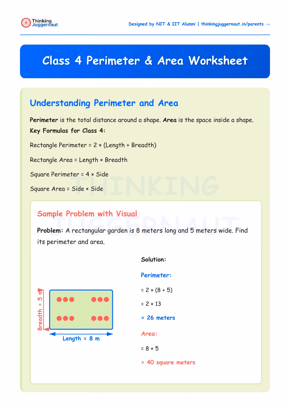 Class 4 worksheet explaining perimeter and area with formulas for rectangle and square, featuring a sample problem of a rectangular garden 8 meters long and 5 meters wide, showing perimeter as 26 meters and area as 40 square meters.