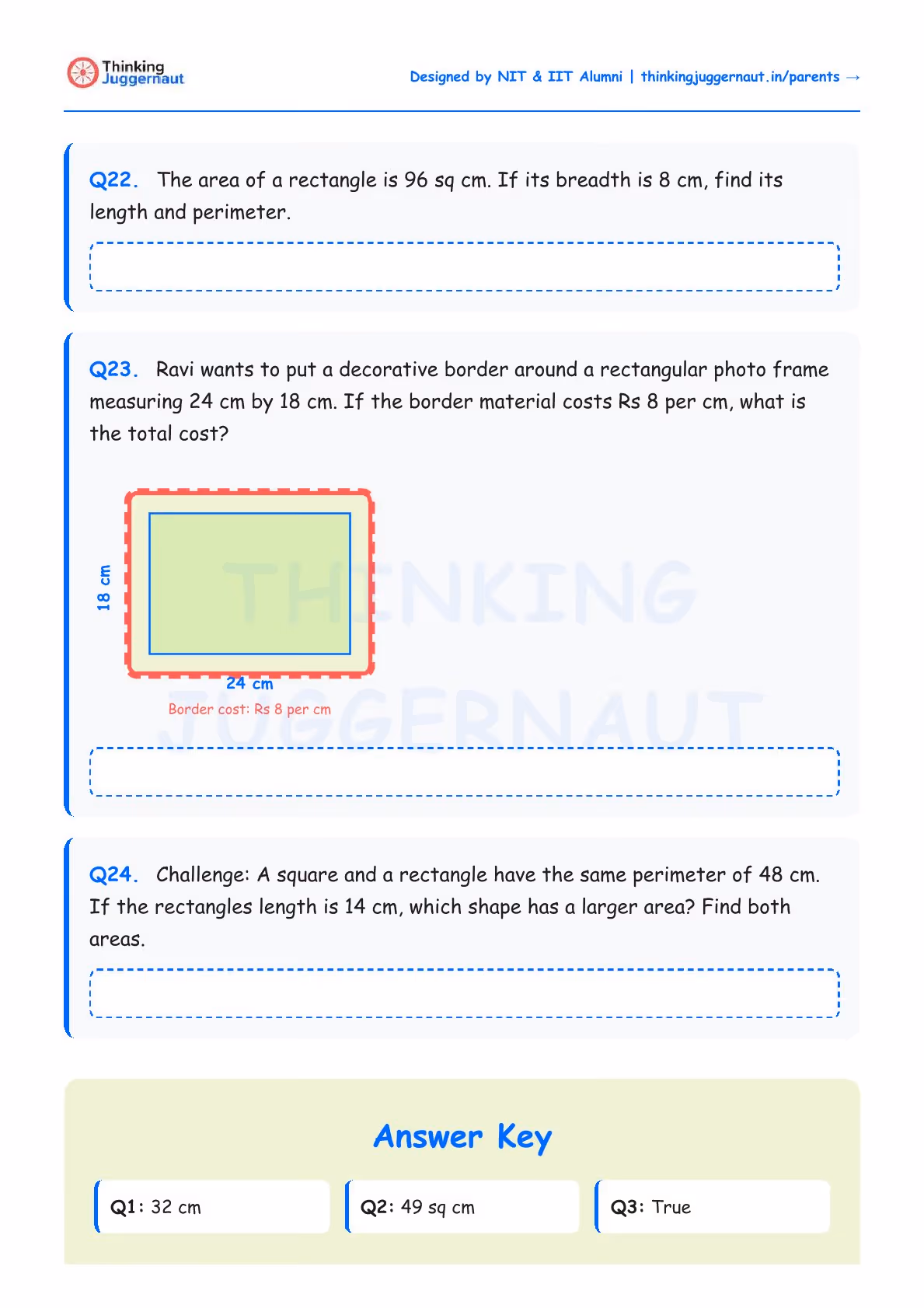 Math worksheet with questions on rectangle area, perimeter, and cost of a decorative border with dimensions 24 cm by 18 cm and border cost Rs 8 per cm. Includes an illustration of a rectangle with labeled sides. Contains an answer key with three answers.