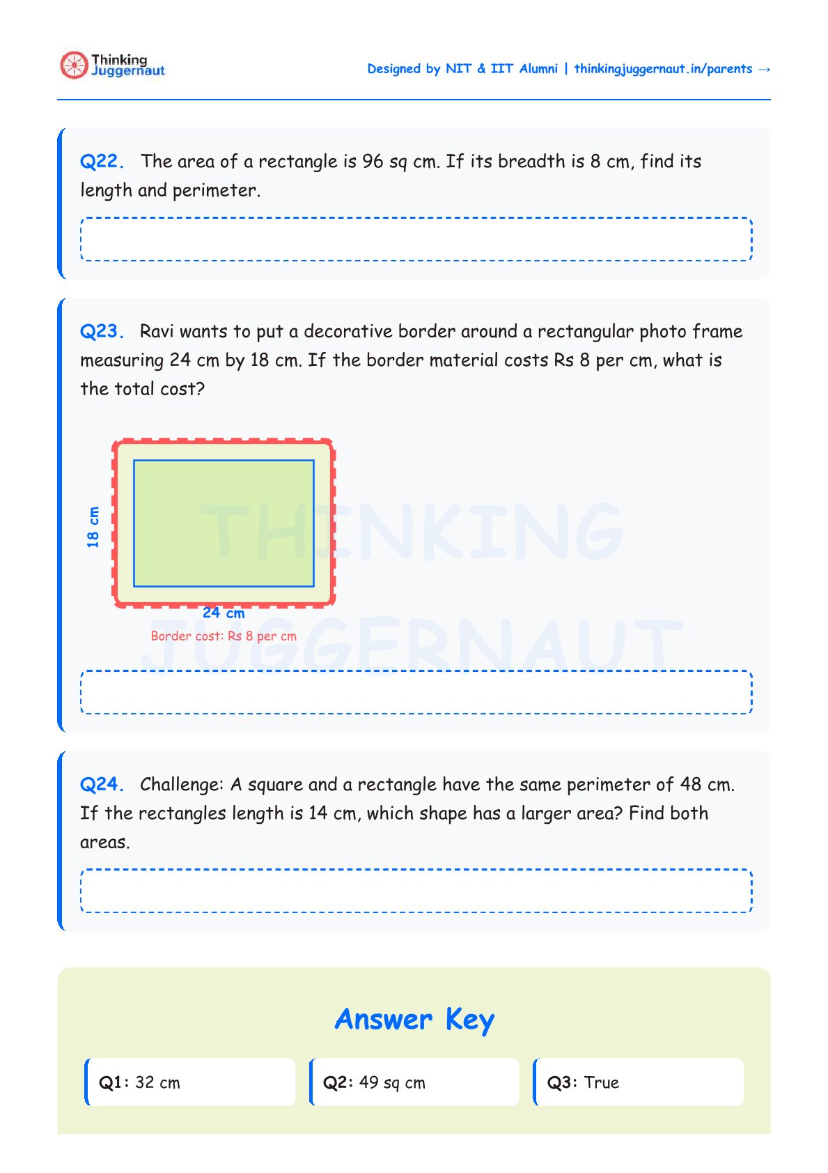 Math worksheet with questions on rectangle area, perimeter, and cost of a decorative border with dimensions 24 cm by 18 cm and border cost Rs 8 per cm. Includes an illustration of a rectangle with labeled sides. Contains an answer key with three answers.