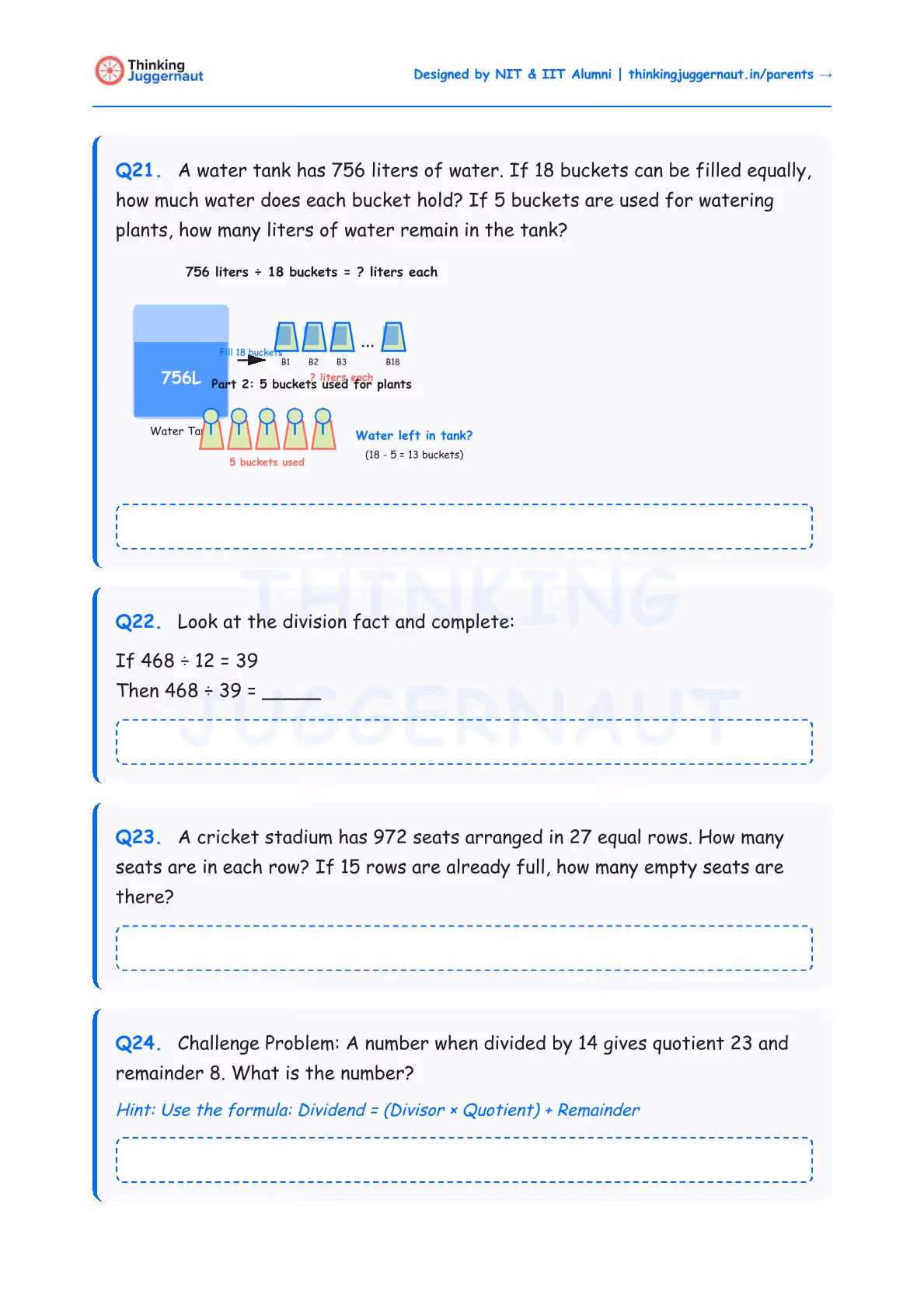 Math worksheet with four division word problems involving water tanks, buckets, seats in a stadium, and a challenge problem on division with remainder.
