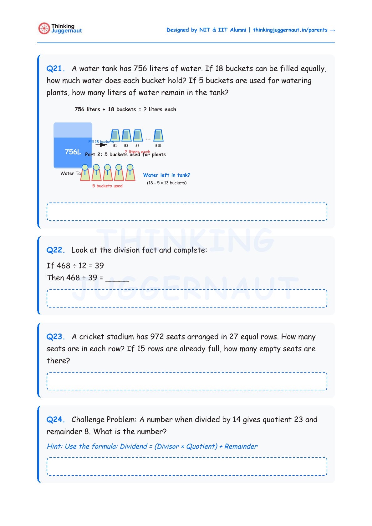Math worksheet with four division word problems involving water tanks, buckets, seats in a stadium, and a challenge problem on division with remainder.