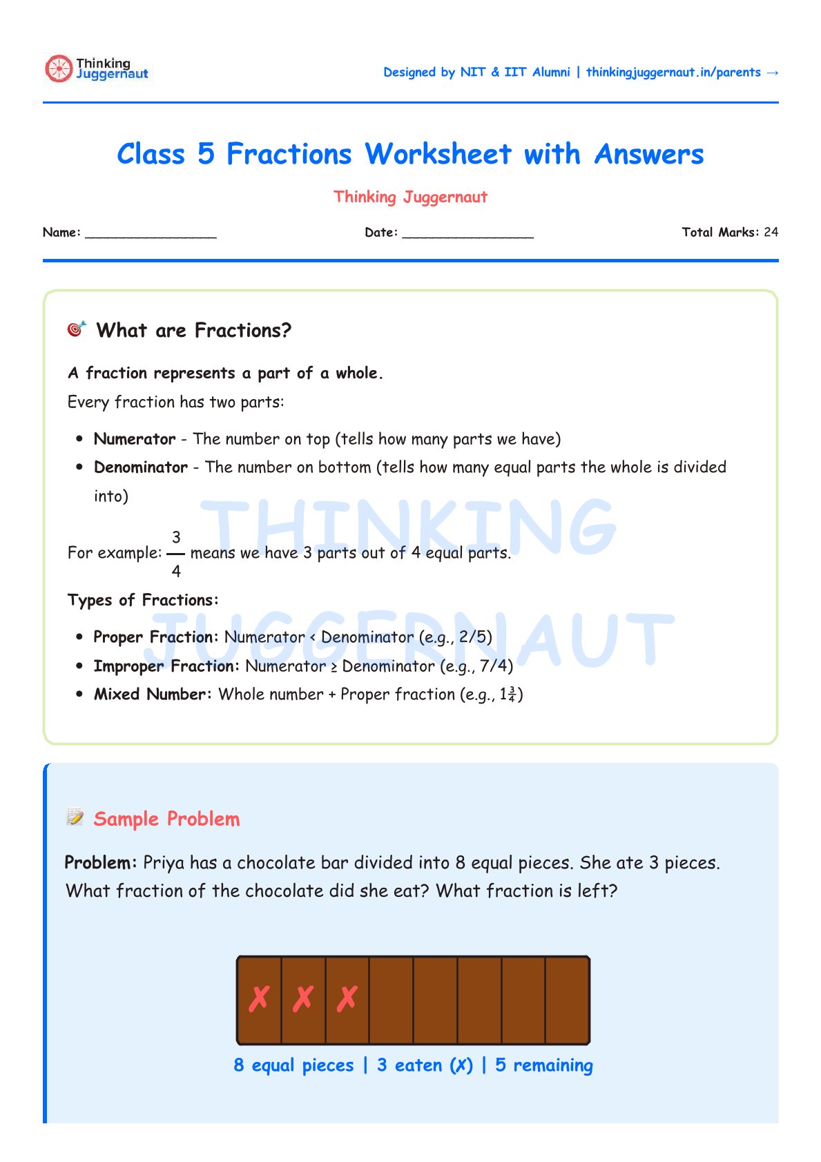 Class 5 fractions worksheet explaining fractions as part of a whole, numerator and denominator definitions, types of fractions, and a sample problem with a chocolate bar divided into 8 pieces, 3 eaten and 5 remaining.