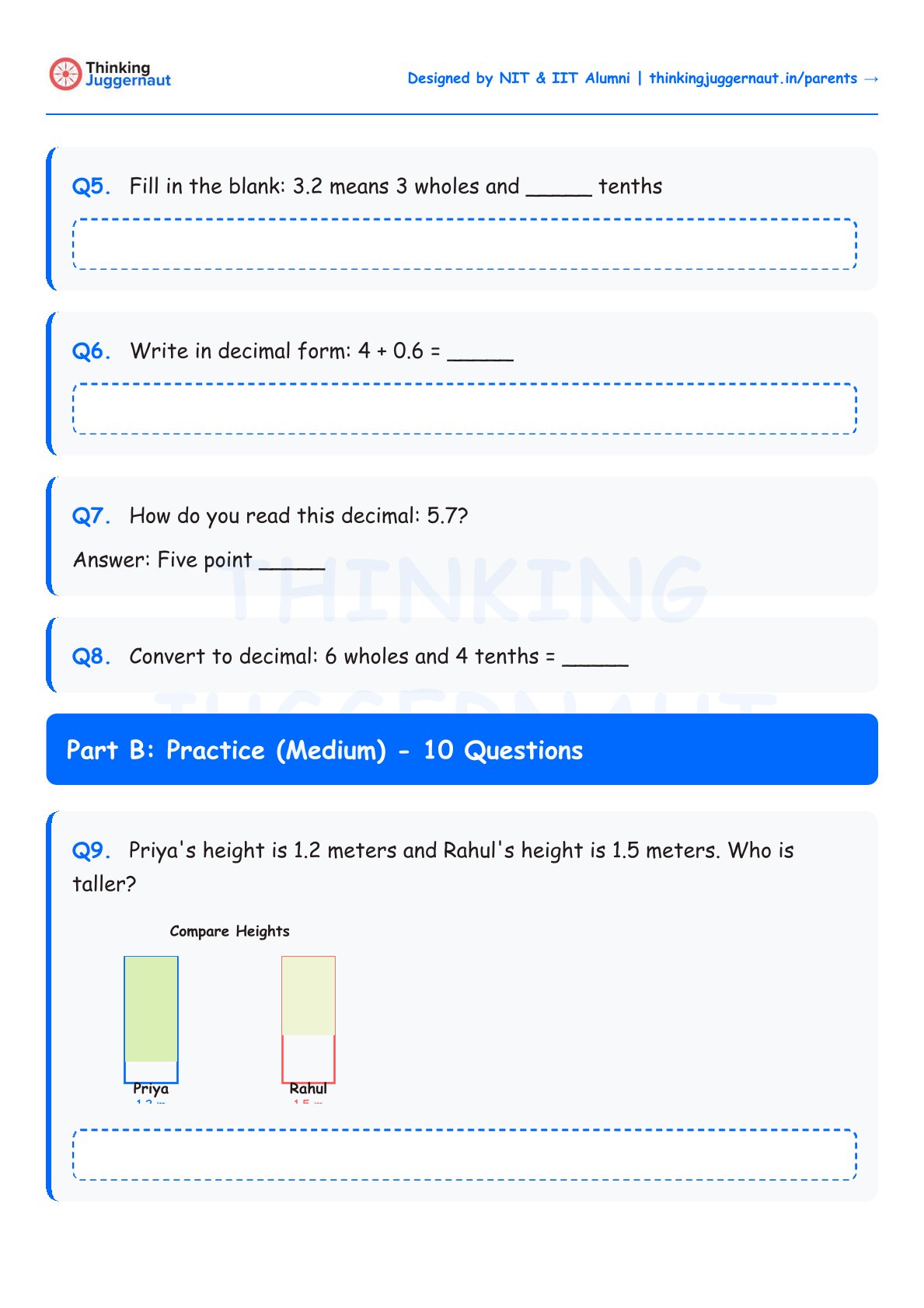 Math worksheet about decimals with questions on filling blanks, writing decimals, reading decimals, converting to decimals, and comparing heights using bar graphs.