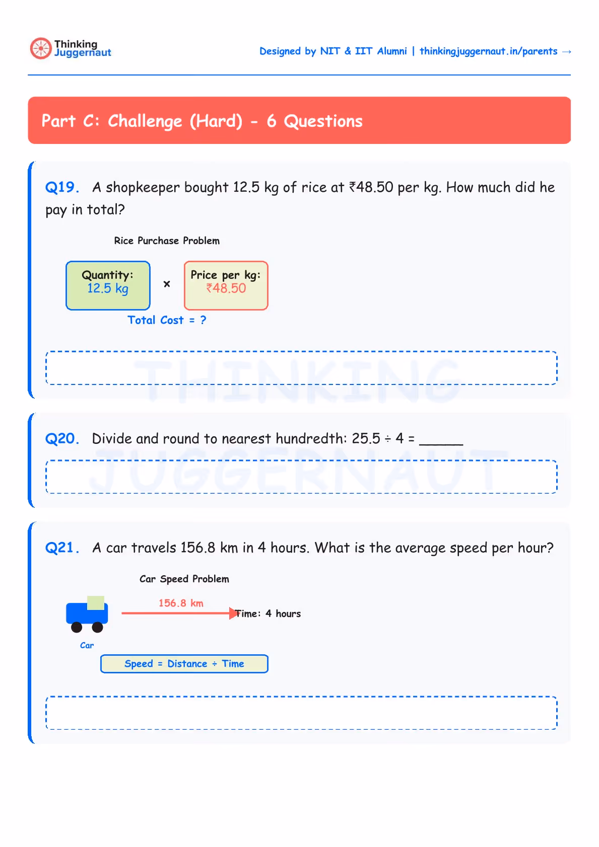 Math worksheet Part C Challenge with 3 questions: Q19 asks total cost for 12.5 kg rice at ₹48.50 per kg, Q20 asks to divide 25.5 by 4 and round to nearest hundredth, Q21 asks average speed of car traveling 156.8 km in 4 hours showing speed formula.