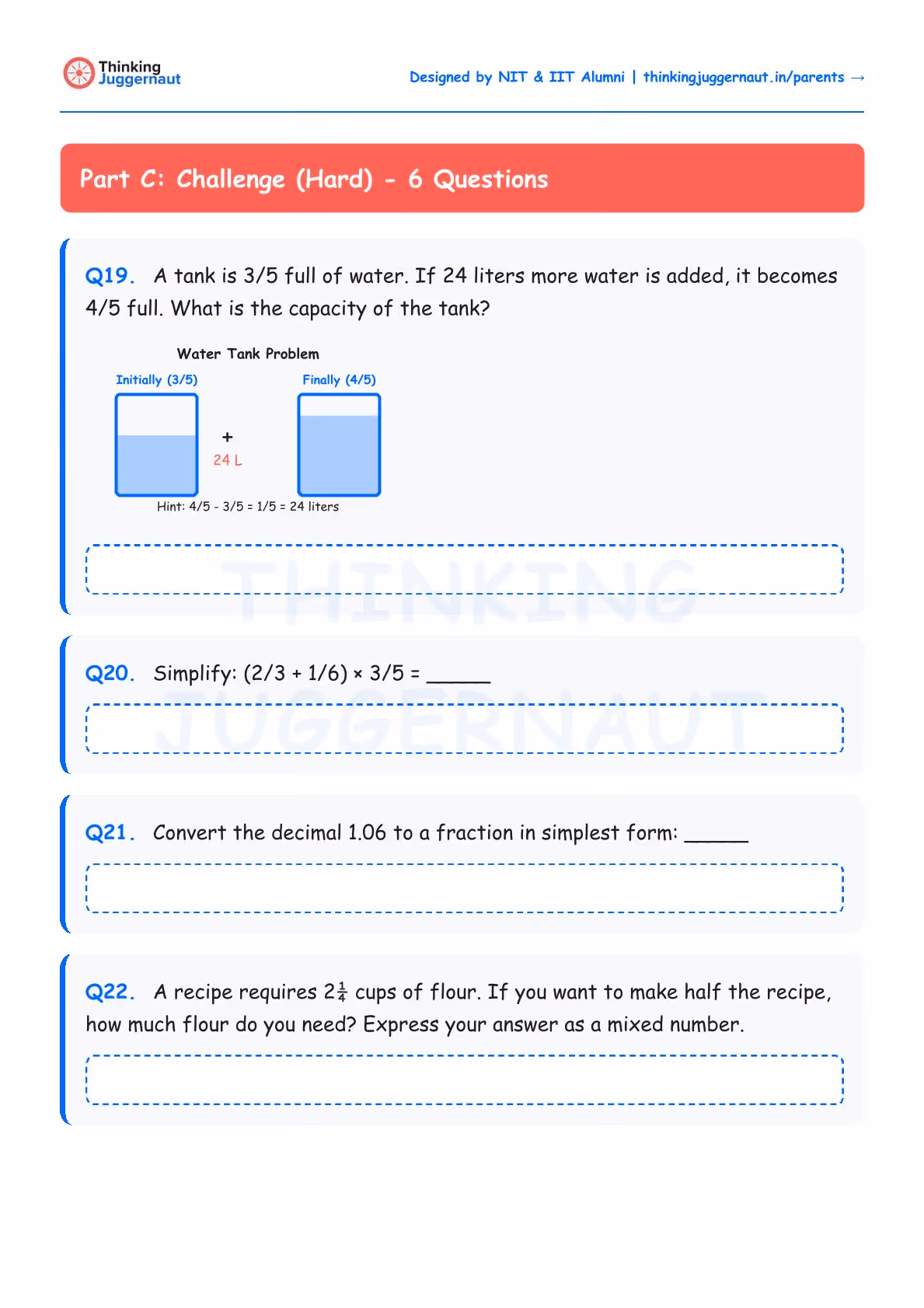 Math worksheet titled Part C: Challenge (Hard) with four questions on fractions and decimals including a water tank problem with visual fraction illustrations.