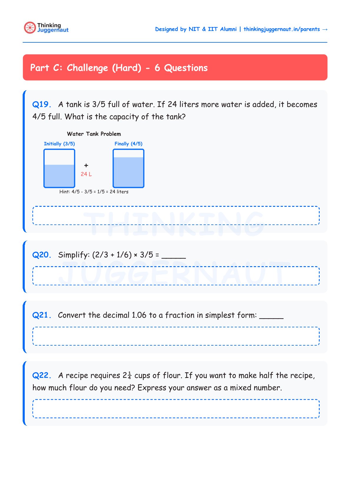 Math worksheet titled Part C: Challenge (Hard) with four questions on fractions and decimals including a water tank problem with visual fraction illustrations.