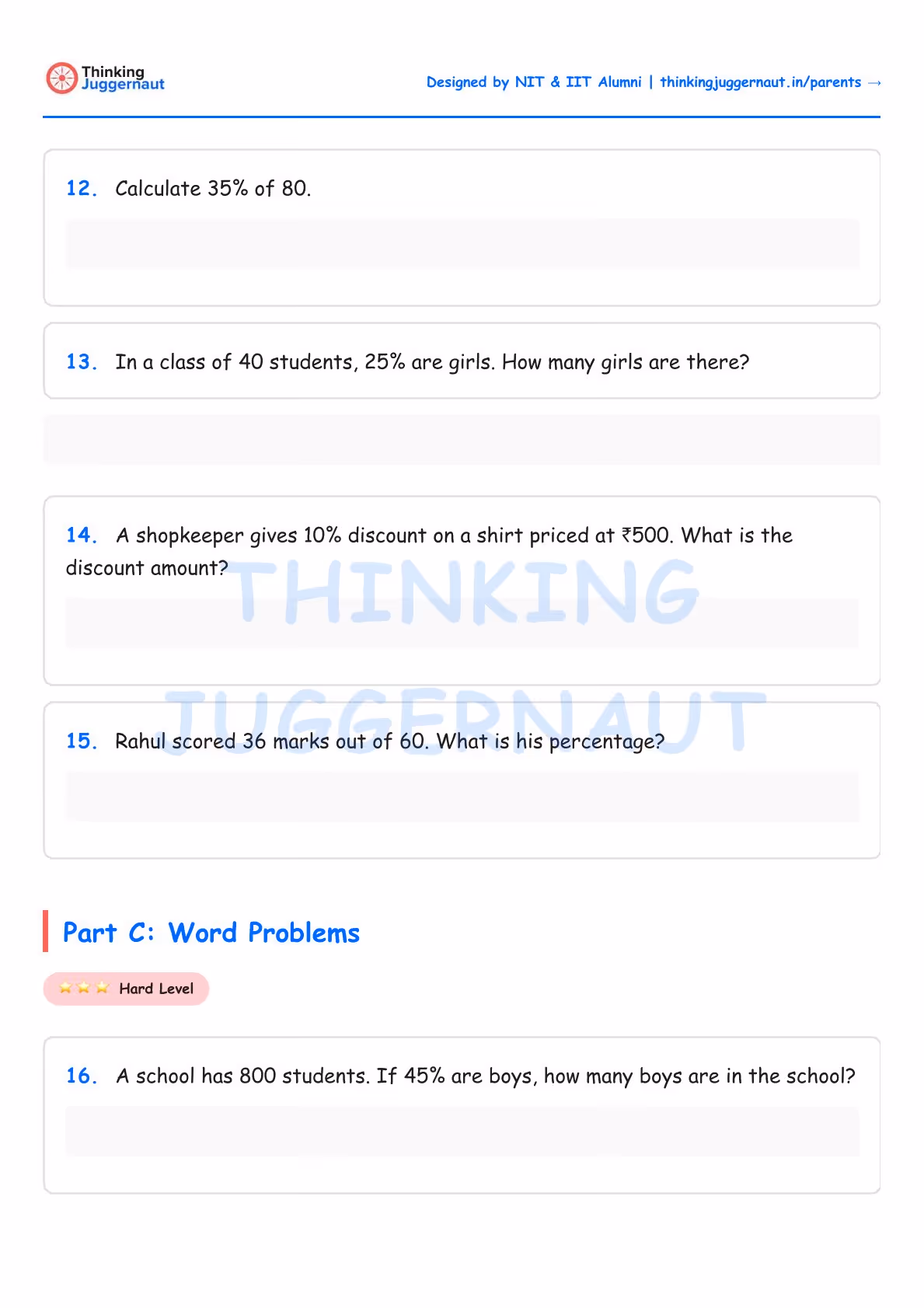 Math worksheet with percentage problems including calculating 35% of 80, finding number of girls in a class of 40 with 25% girls, discount amount on a 500 rupee shirt with 10% discount, percentage score of Rahul who scored 36 out of 60, and a hard-level word problem about boys in a school of 800 students where 45% are boys.