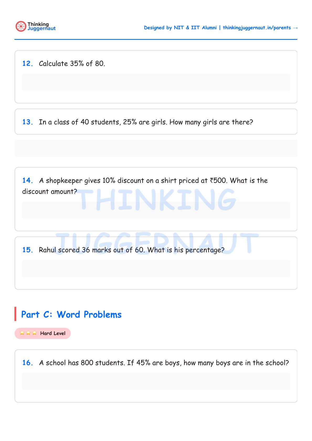 Math worksheet with percentage problems including calculating 35% of 80, finding number of girls in a class of 40 with 25% girls, discount amount on a 500 rupee shirt with 10% discount, percentage score of Rahul who scored 36 out of 60, and a hard-level word problem about boys in a school of 800 students where 45% are boys.