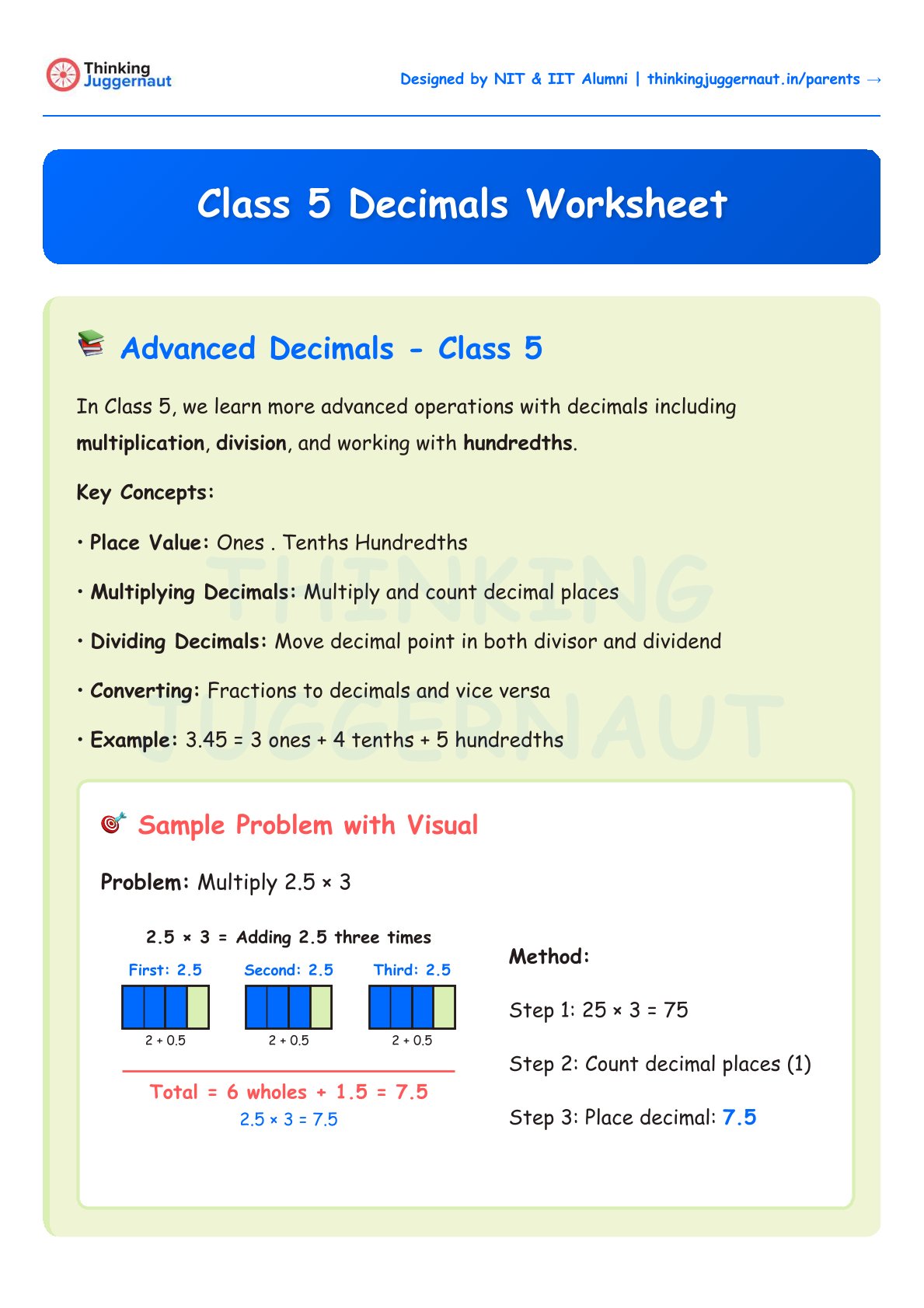 Class 5 Decimals Worksheet explaining advanced decimals concepts including place value, multiplying, dividing, converting decimals, and a sample problem multiplying 2.5 by 3 with visual blocks and step-by-step method.