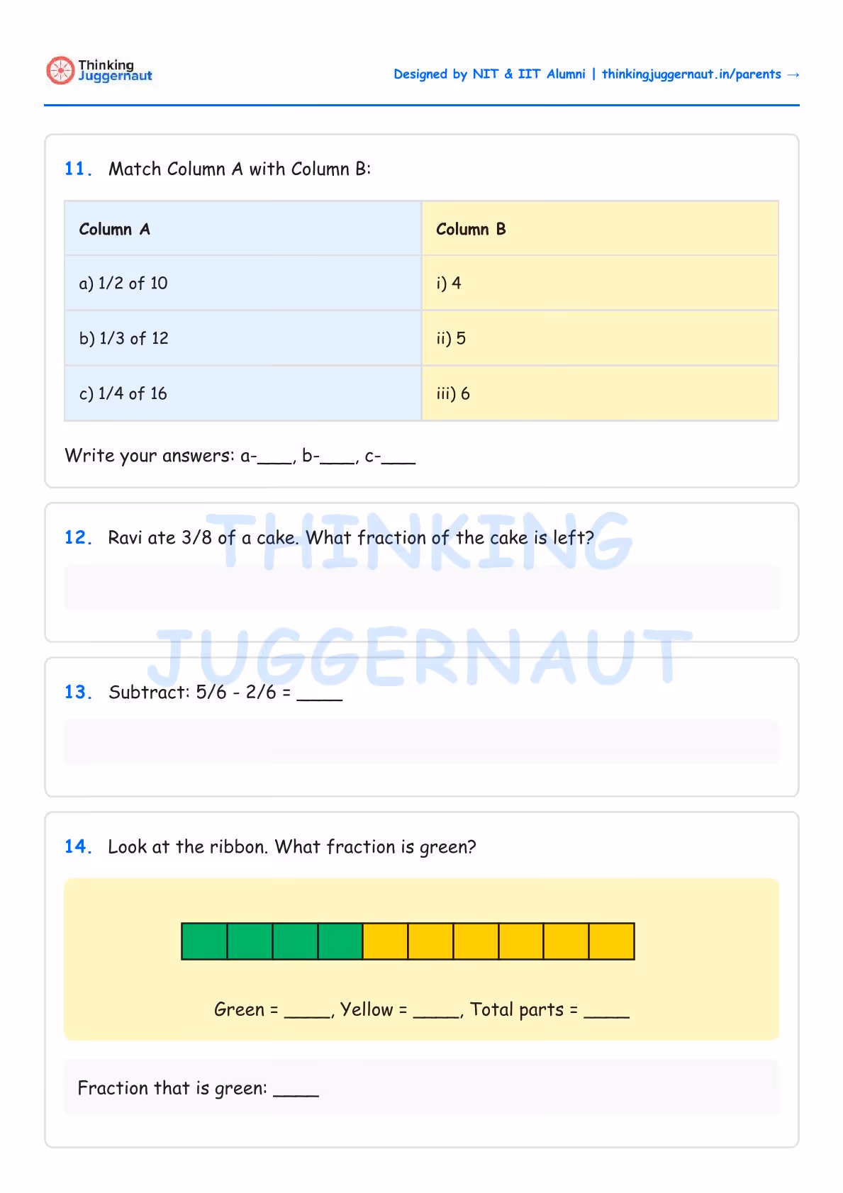 Math worksheet with fraction problems including matching fractions to numbers, subtracting fractions, and identifying green fraction on a ribbon with green and yellow parts.