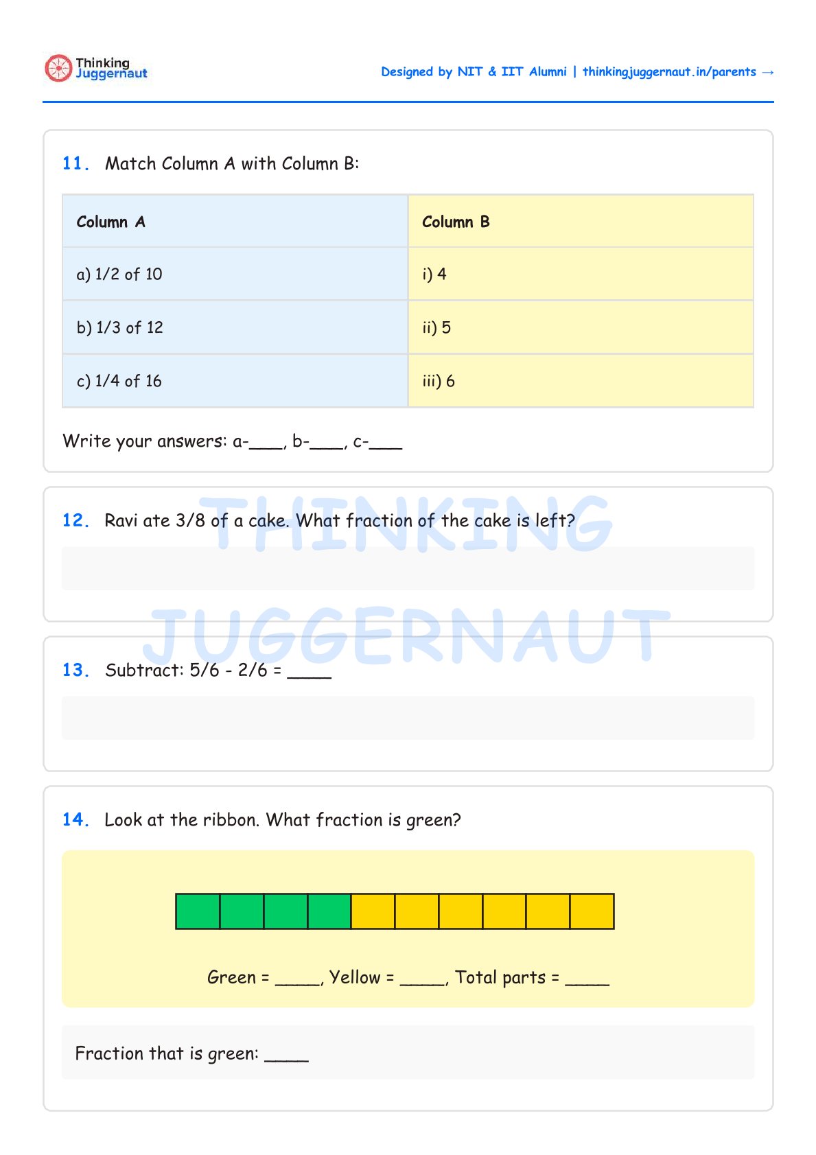 Math worksheet with fraction problems including matching fractions to numbers, subtracting fractions, and identifying green fraction on a ribbon with green and yellow parts.