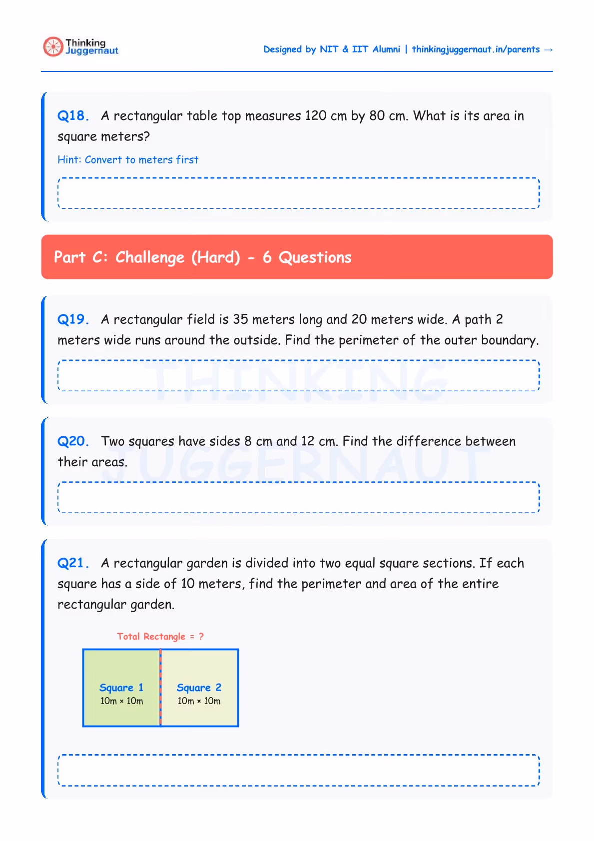 Math worksheet with four perimeter and area questions for Class 4 students, including a diagram of two adjoining 10m by 10m squares forming a rectangular garden.
