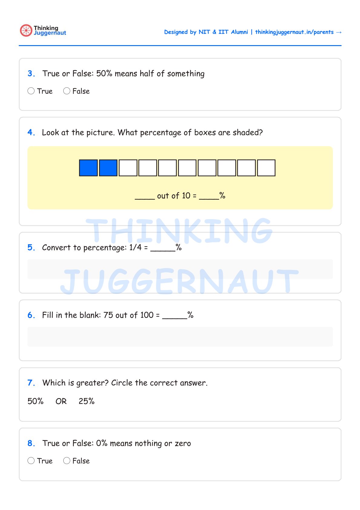Math worksheet with questions on percentages, including a diagram showing 2 blue shaded boxes out of 10 total boxes.
