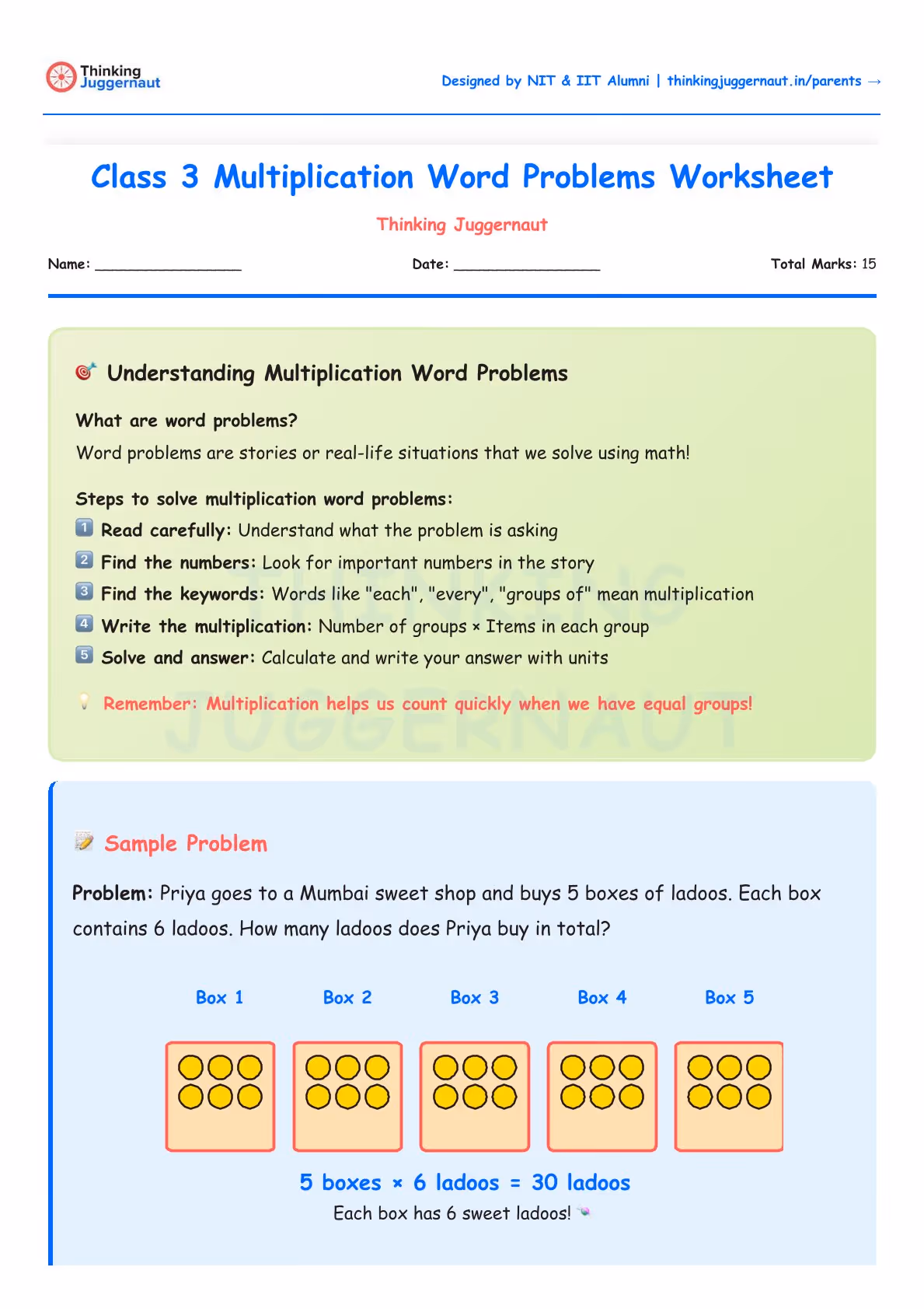Class 3 multiplication word problems worksheet explaining steps to solve multiplication with a sample problem about Priya buying 5 boxes of ladoos, each containing 6 ladoos, totaling 30 ladoos.
