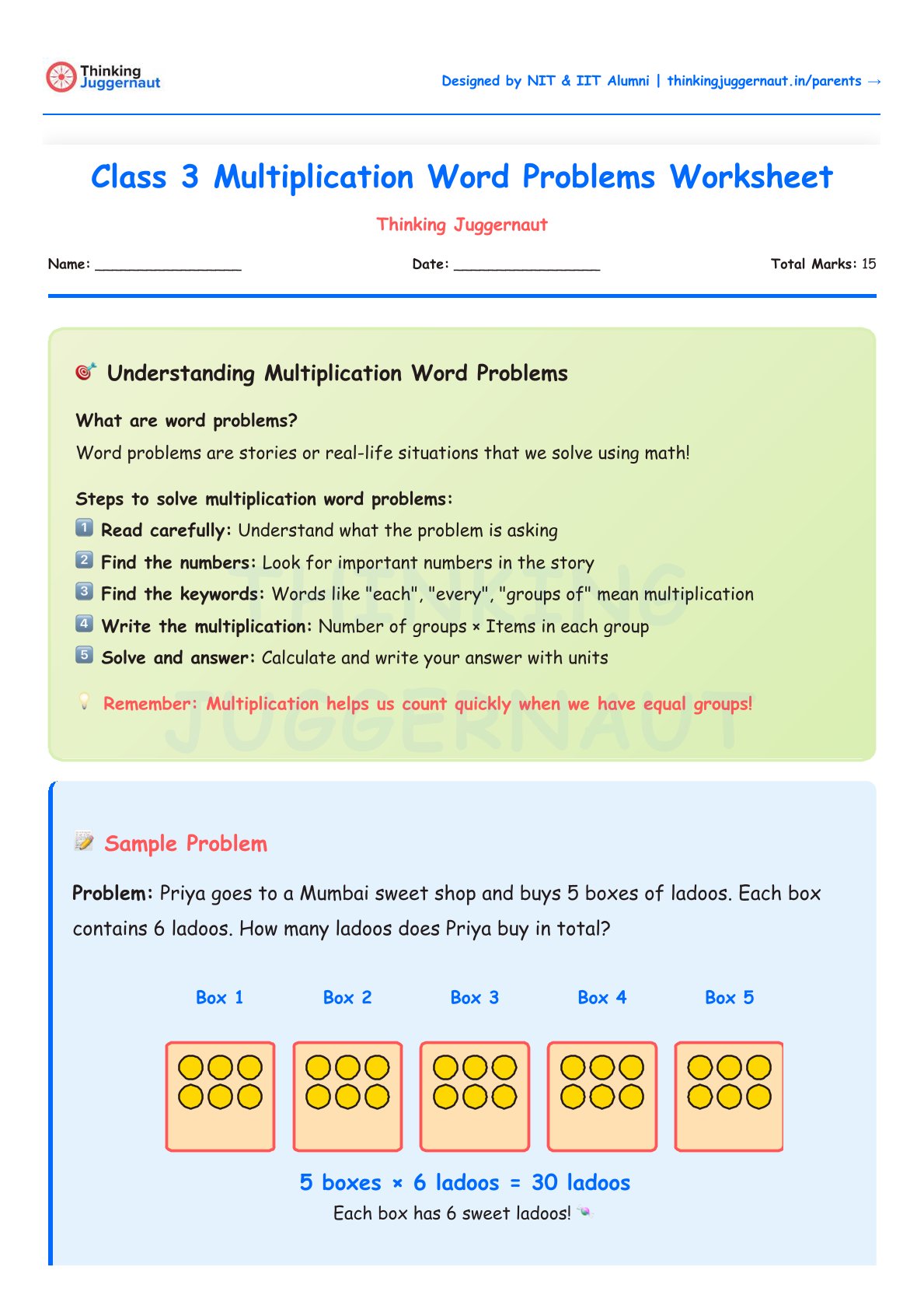Class 3 multiplication word problems worksheet explaining steps to solve multiplication with a sample problem about Priya buying 5 boxes of ladoos, each containing 6 ladoos, totaling 30 ladoos.