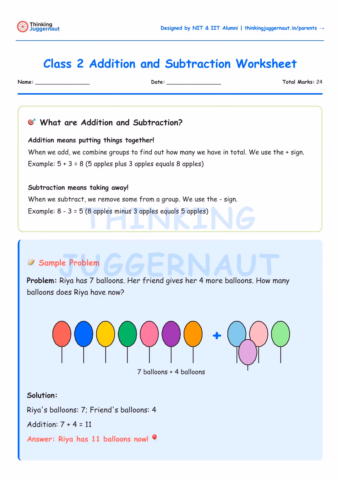 Class 2 worksheet explaining addition and subtraction with a sample problem about Riya having 7 balloons plus 4 more from a friend, totaling 11 balloons illustrated with colorful balloon icons.