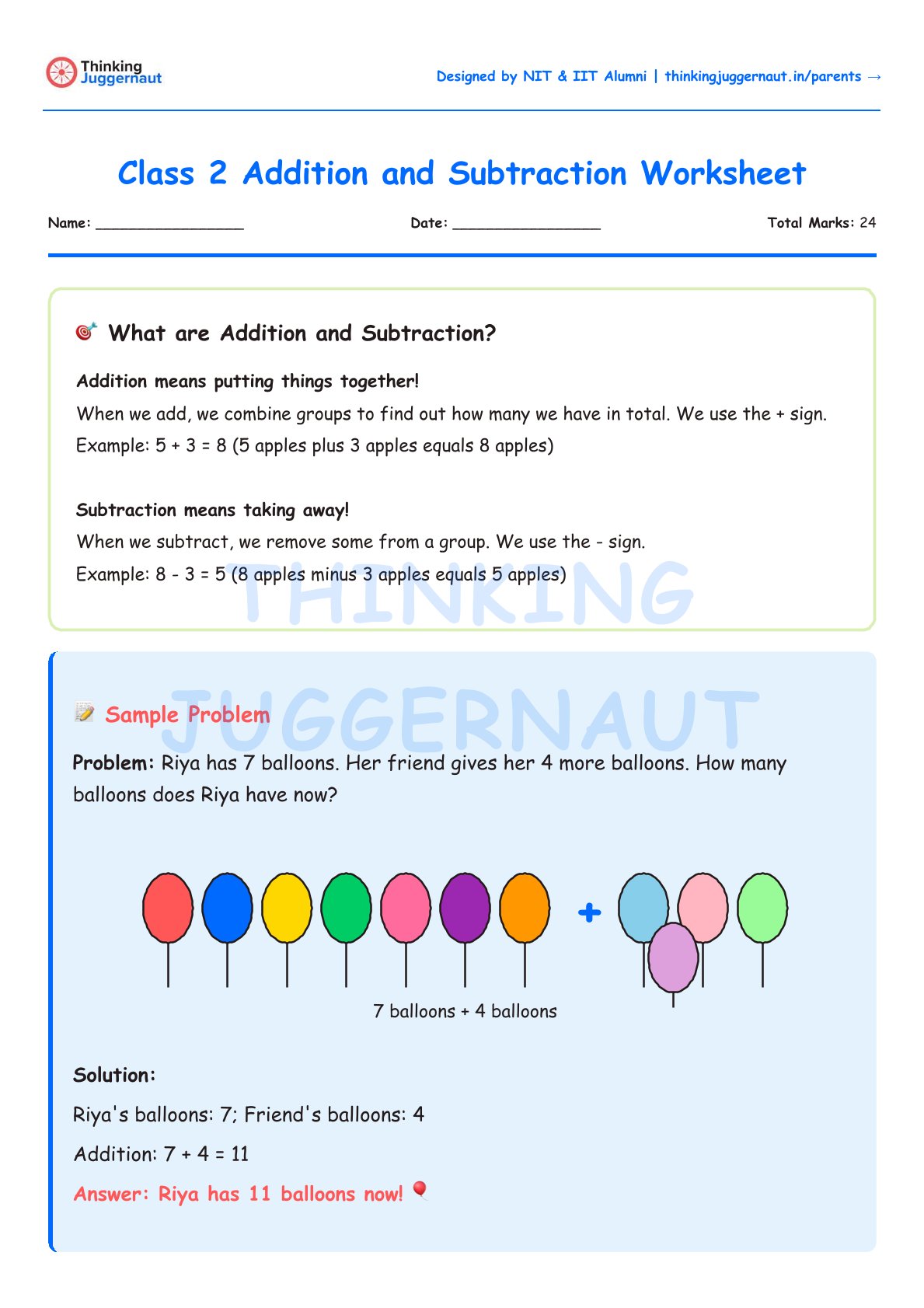 Class 2 worksheet explaining addition and subtraction with a sample problem about Riya having 7 balloons plus 4 more from a friend, totaling 11 balloons illustrated with colorful balloon icons.