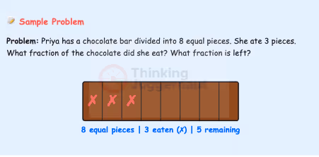 Chocolate bar divided into 8 equal pieces with 3 pieces marked as eaten and 5 remaining, illustrating fractions eaten and left.