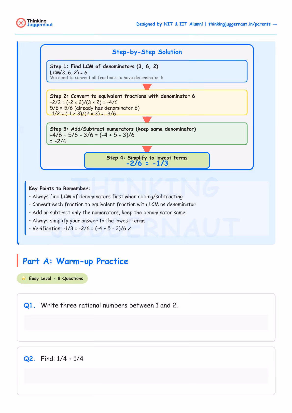 Step-by-step solution for subtracting rational numbers with denominators 3, 6, and 2, including finding LCM, converting fractions, adding/subtracting numerators, and simplifying; followed by warm-up practice questions on rational numbers.