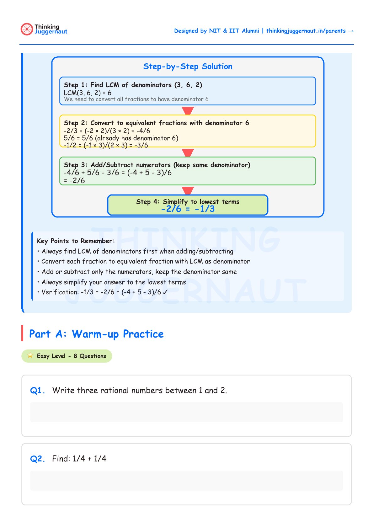 Step-by-step solution for subtracting rational numbers with denominators 3, 6, and 2, including finding LCM, converting fractions, adding/subtracting numerators, and simplifying; followed by warm-up practice questions on rational numbers.