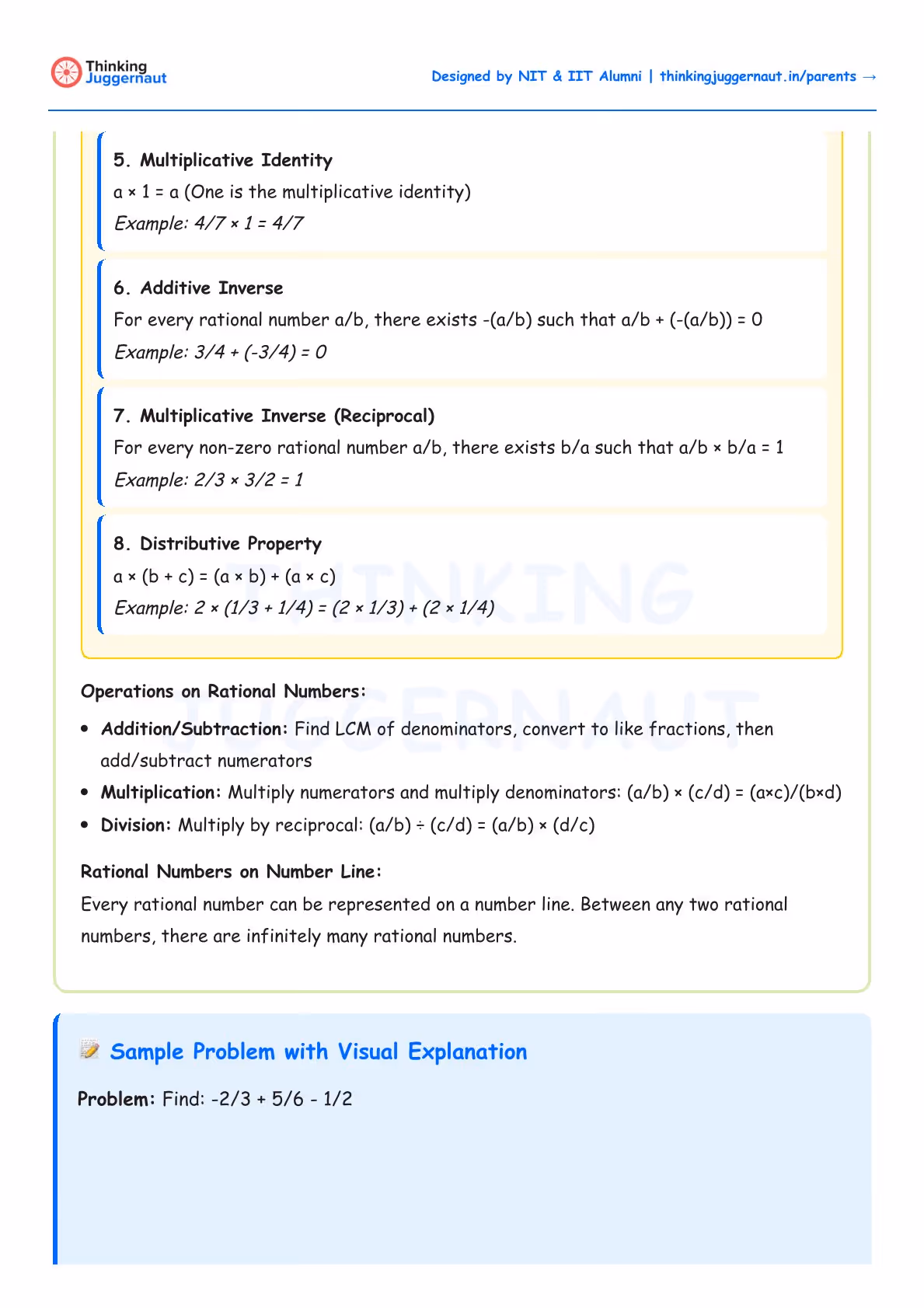 Educational worksheet explaining properties of rational numbers including multiplicative identity, additive inverse, multiplicative inverse, distributive property, operations on rational numbers, and a sample problem.