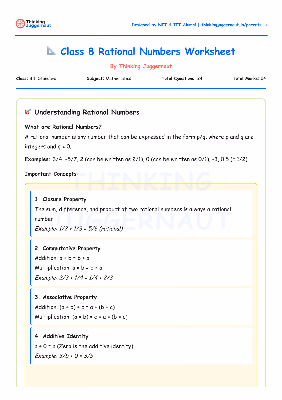 Class 8 Rational Numbers Worksheet by Thinking Juggernaut explaining rational numbers definition, examples, and properties including closure, commutative, associative, and additive identity.