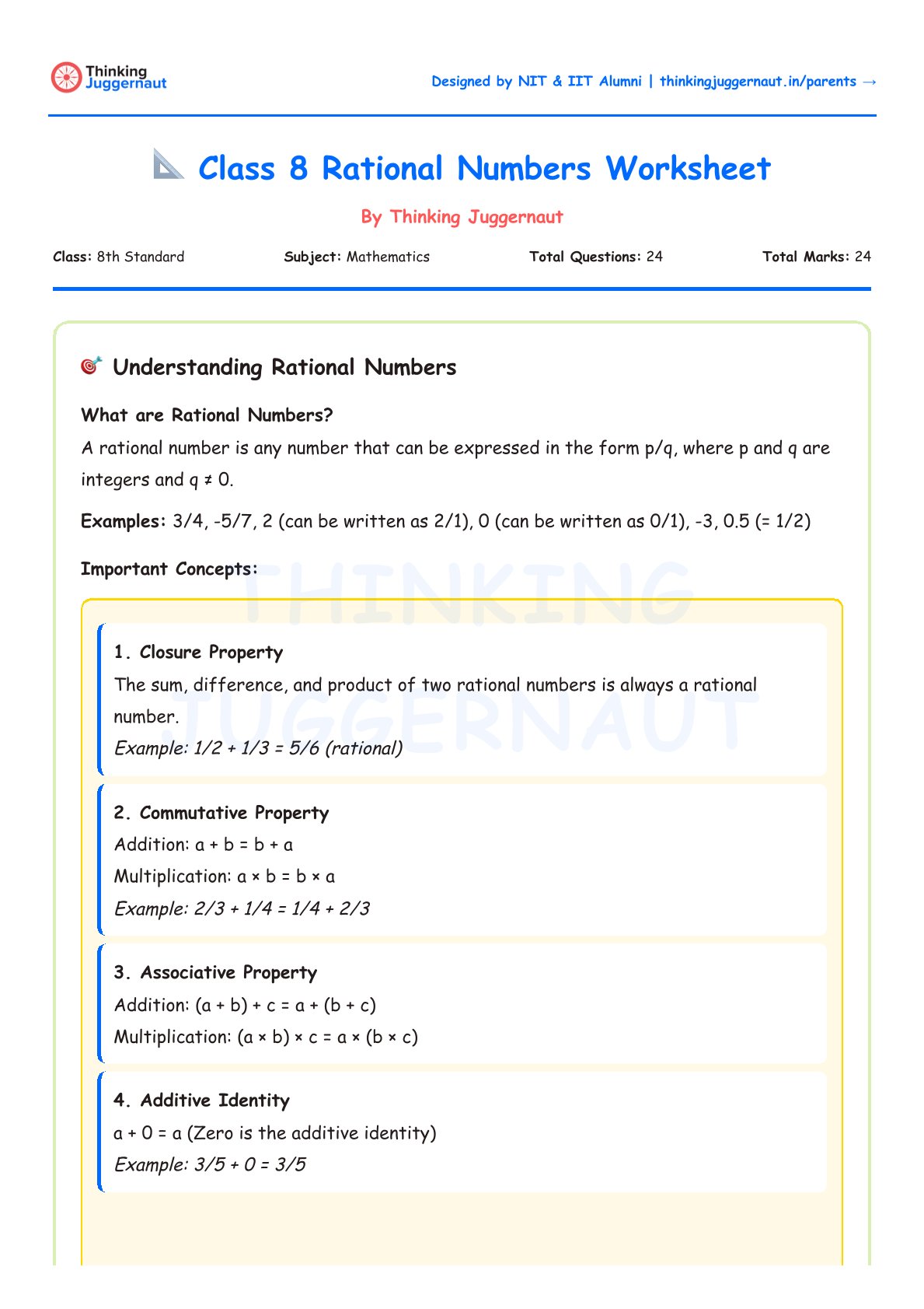 Class 8 Rational Numbers Worksheet by Thinking Juggernaut explaining rational numbers definition, examples, and properties including closure, commutative, associative, and additive identity.