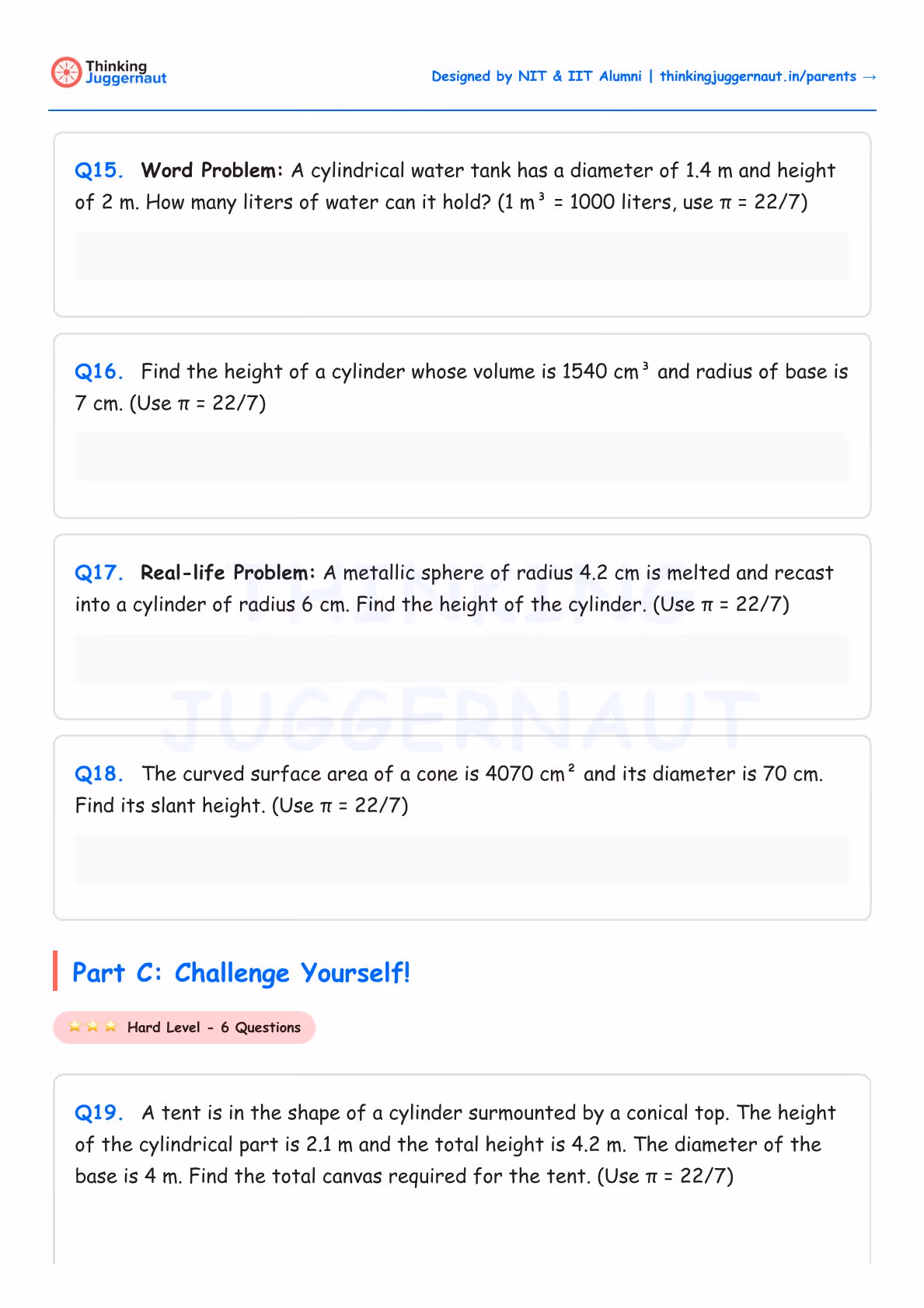 Math worksheet with word problems on mensuration involving cylinders, cones, and spheres focusing on volume, height, slant height, and surface area calculations using given dimensions and π approximated as 22/7.