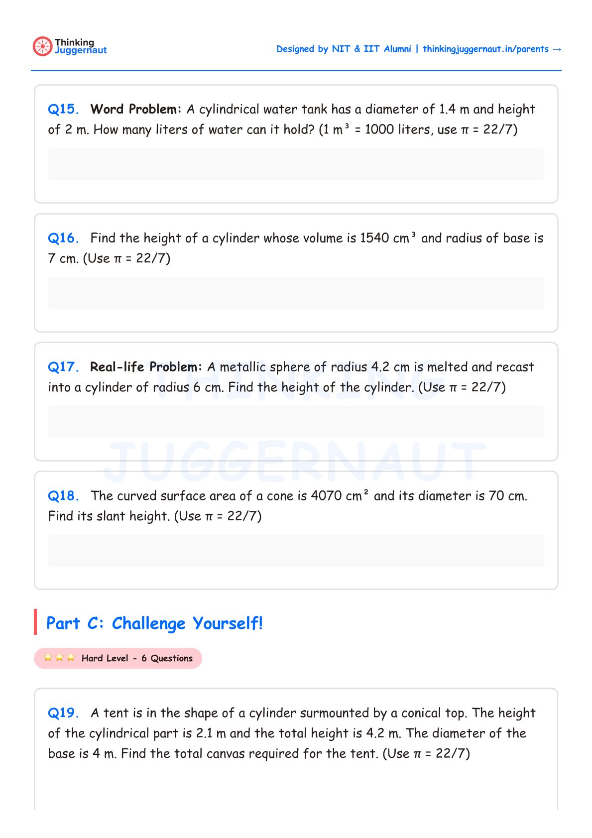 Math worksheet with word problems on mensuration involving cylinders, cones, and spheres focusing on volume, height, slant height, and surface area calculations using given dimensions and π approximated as 22/7.