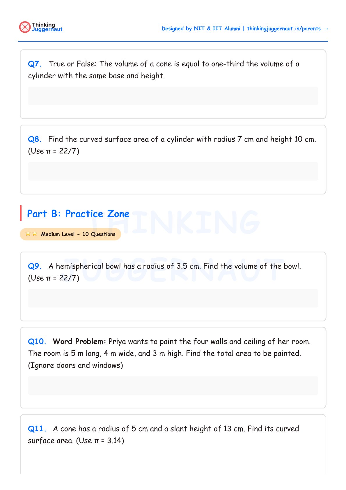 Geometry worksheet with mensuration questions on volumes and surface area of cones, cylinders, hemispherical bowls, and room painting word problem.