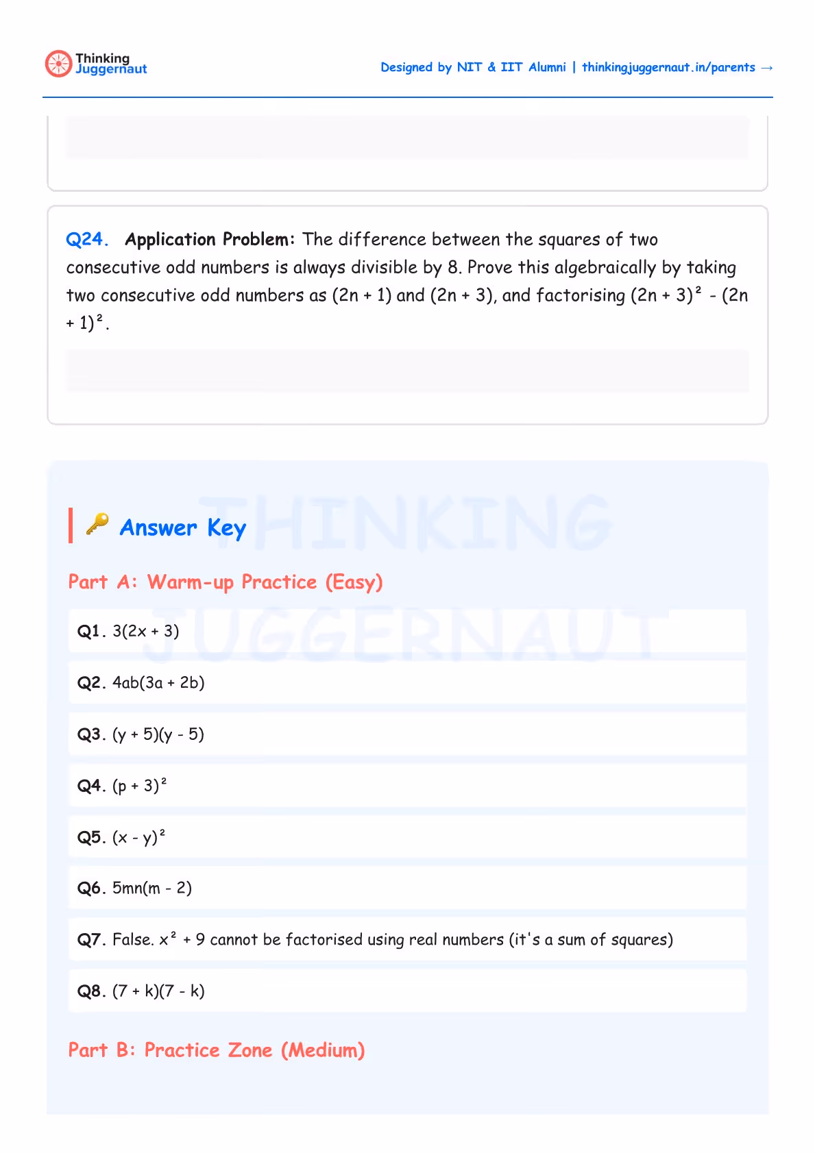 Math worksheet showing an application problem about the difference between squares of consecutive odd numbers and an answer key with solutions to factorization problems.