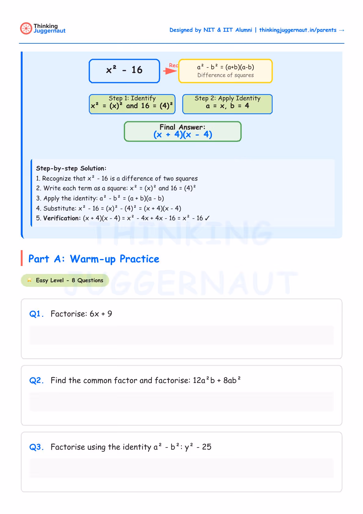 Math worksheet on factorisation showing solution for x squared minus 16 as difference of squares with step-by-step explanation and warm-up practice questions.
