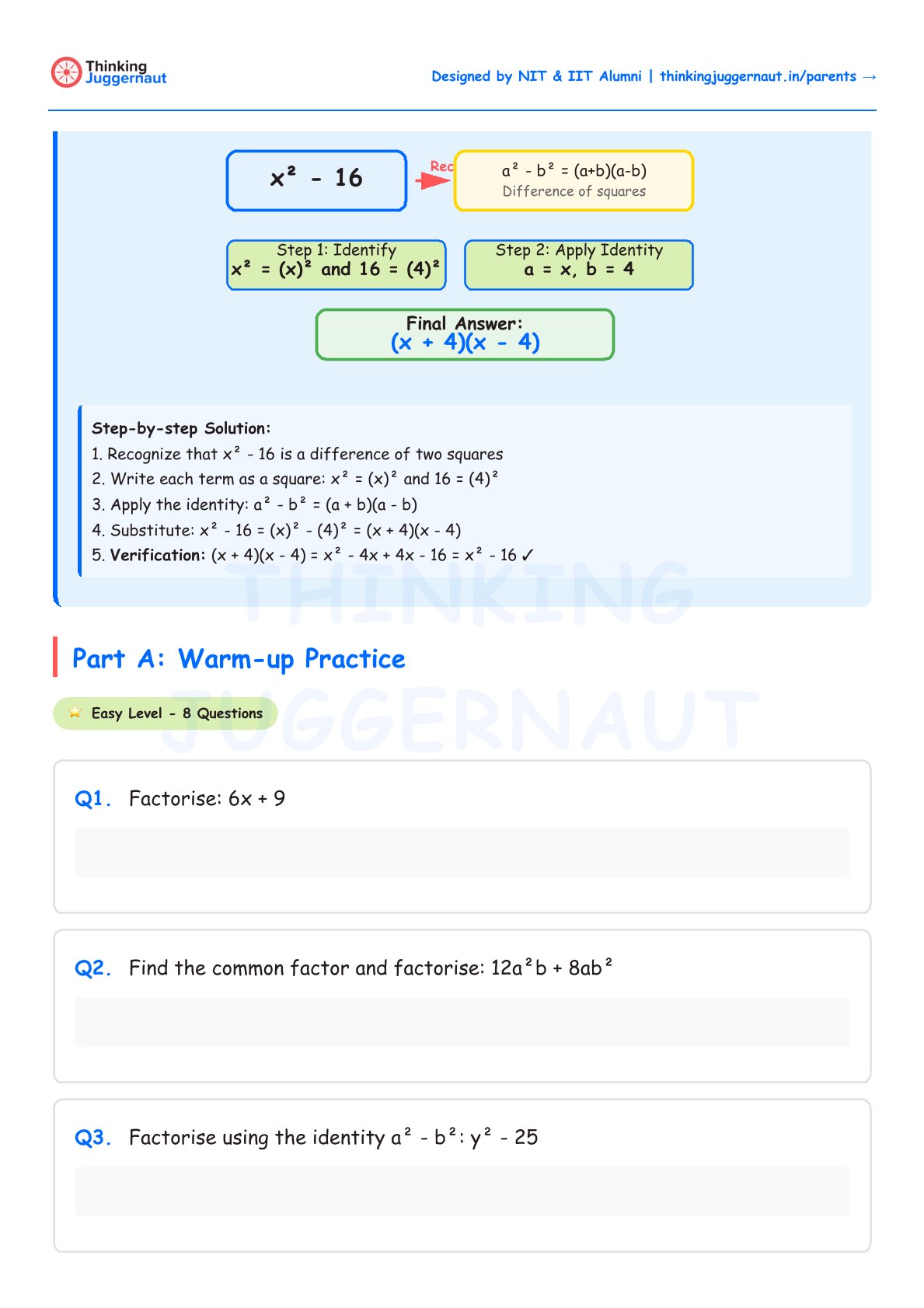 Math worksheet on factorisation showing solution for x squared minus 16 as difference of squares with step-by-step explanation and warm-up practice questions.