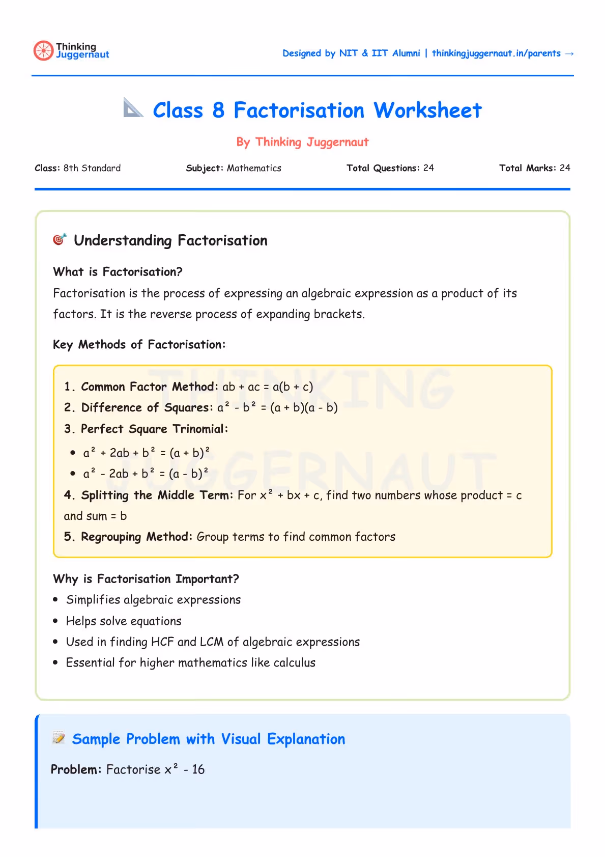 Class 8 factorisation worksheet explaining definition, key methods like common factor, difference of squares, perfect square trinomial, splitting middle term, regrouping, and importance of factorisation.