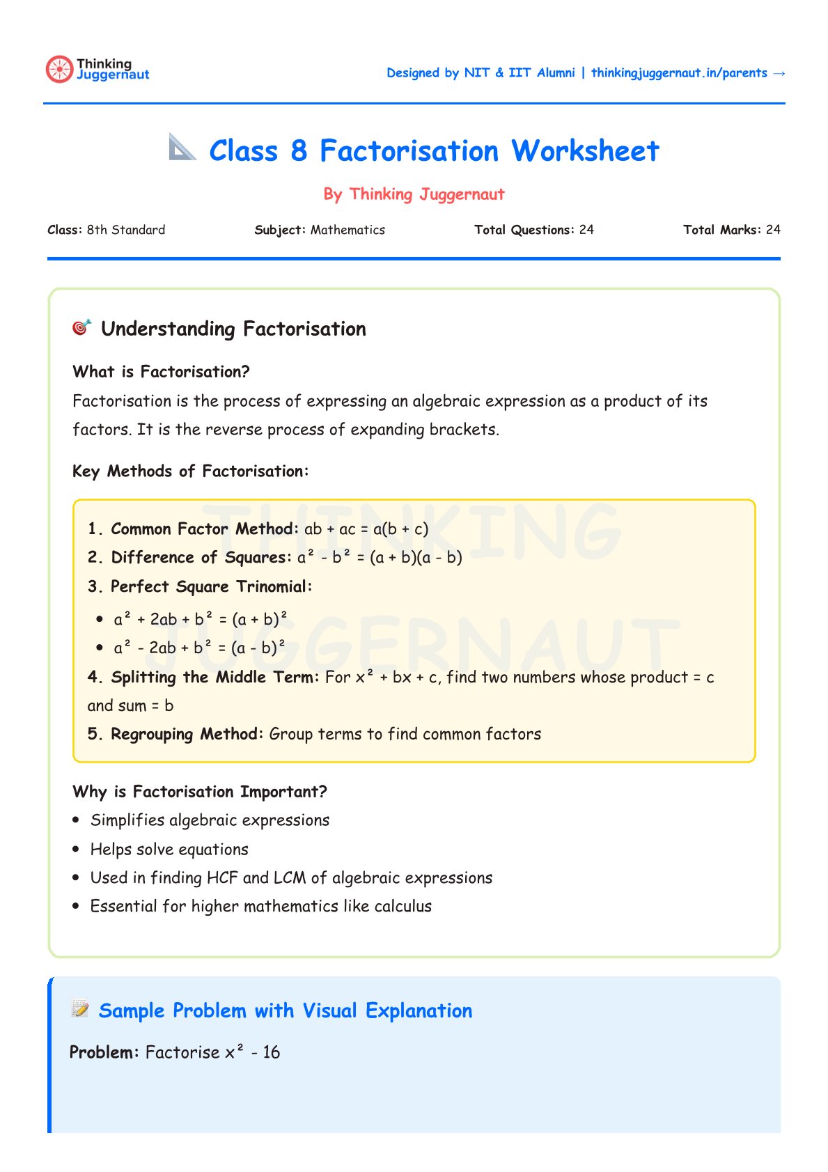 Class 8 factorisation worksheet explaining definition, key methods like common factor, difference of squares, perfect square trinomial, splitting middle term, regrouping, and importance of factorisation.