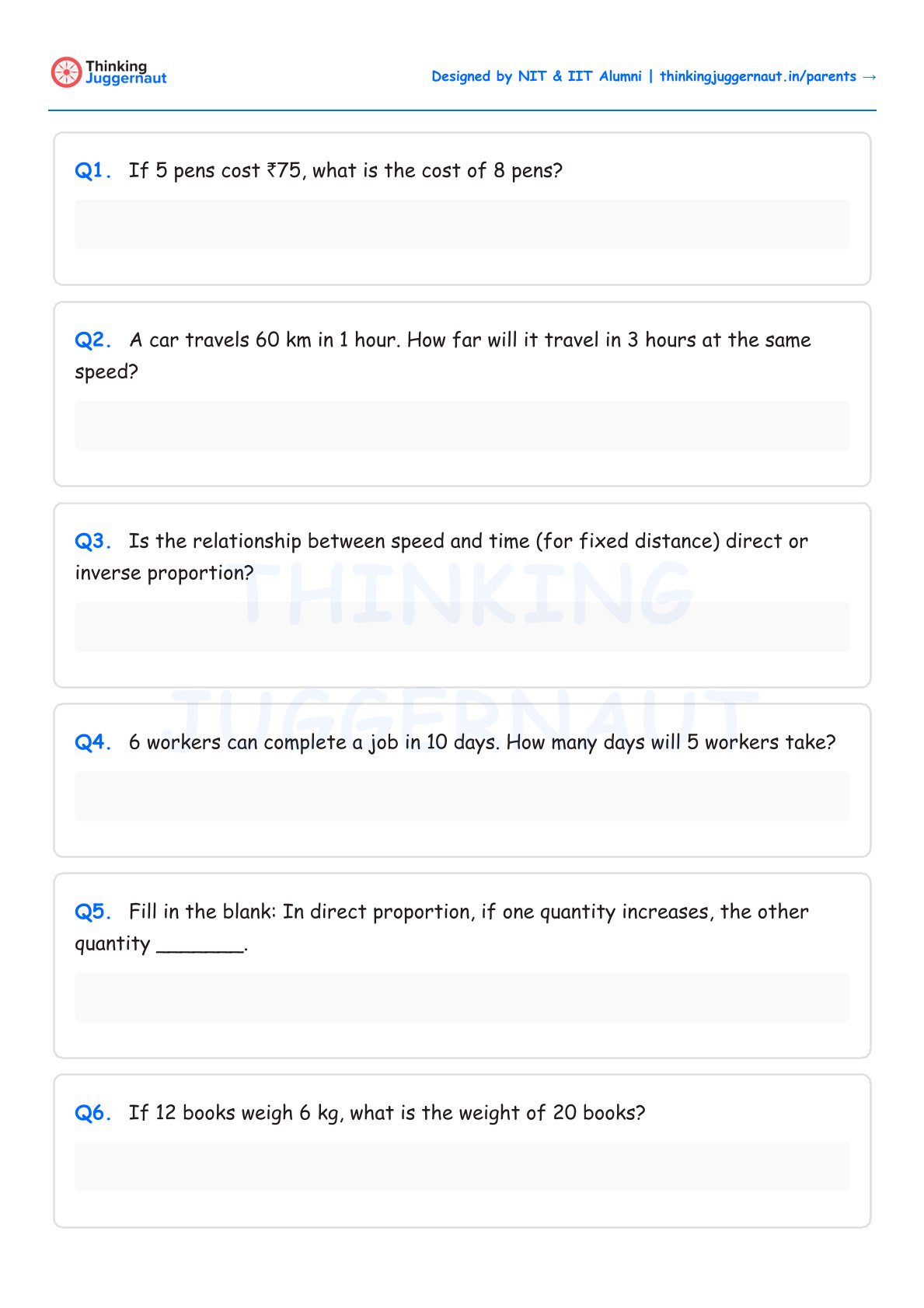 Class 8 worksheet on direct and inverse proportion with six questions about calculating cost, distance, relationship between speed and time, work completion time, and weight of books.