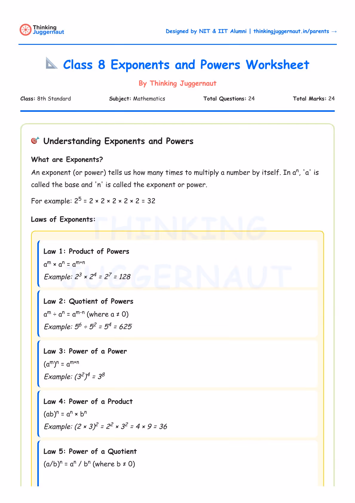 Class 8 Exponents and Powers Worksheet explaining laws of exponents including product, quotient, power of a power, power of a product, and power of a quotient with formulas and examples.