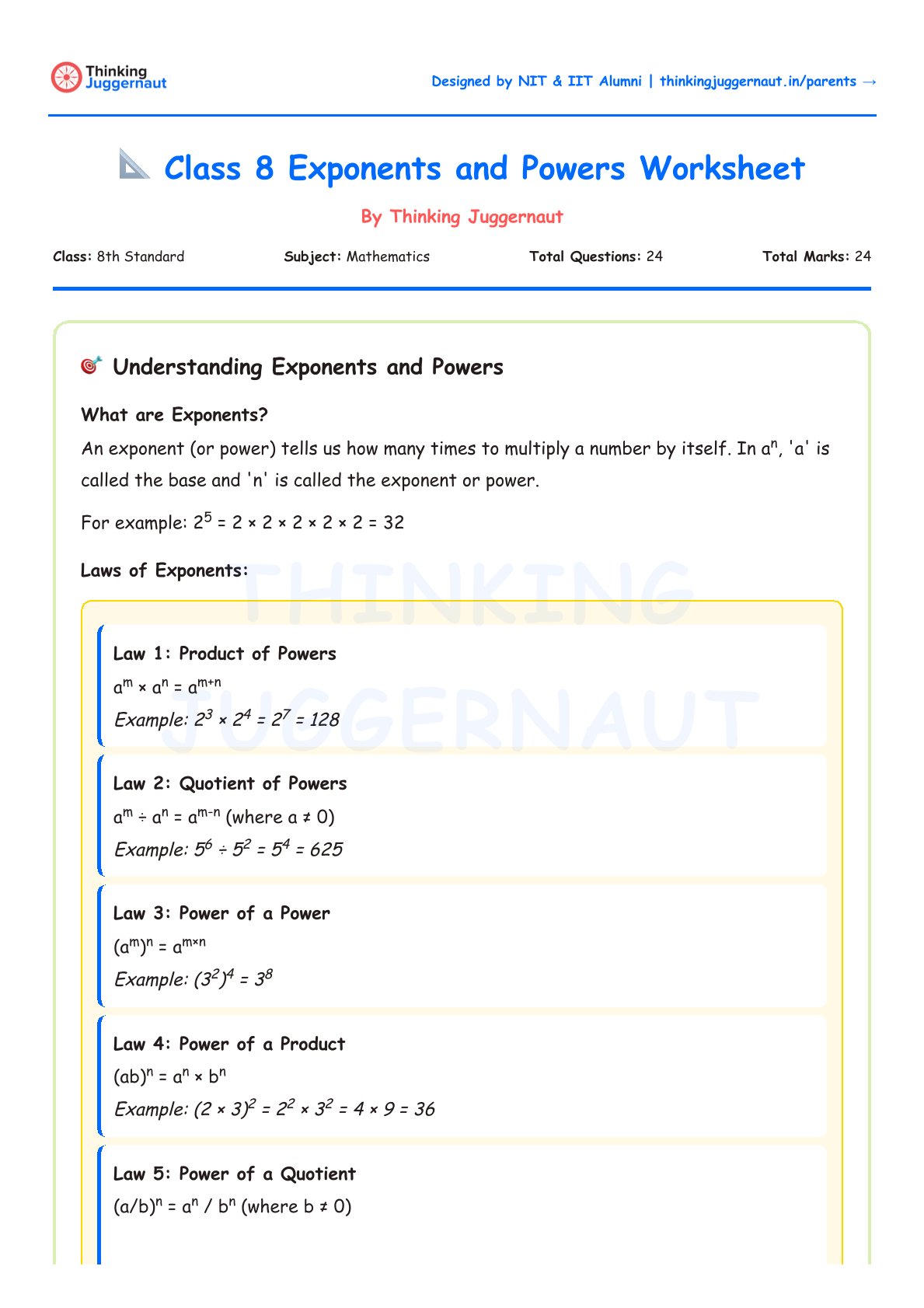 Class 8 Exponents and Powers Worksheet explaining laws of exponents including product, quotient, power of a power, power of a product, and power of a quotient with formulas and examples.