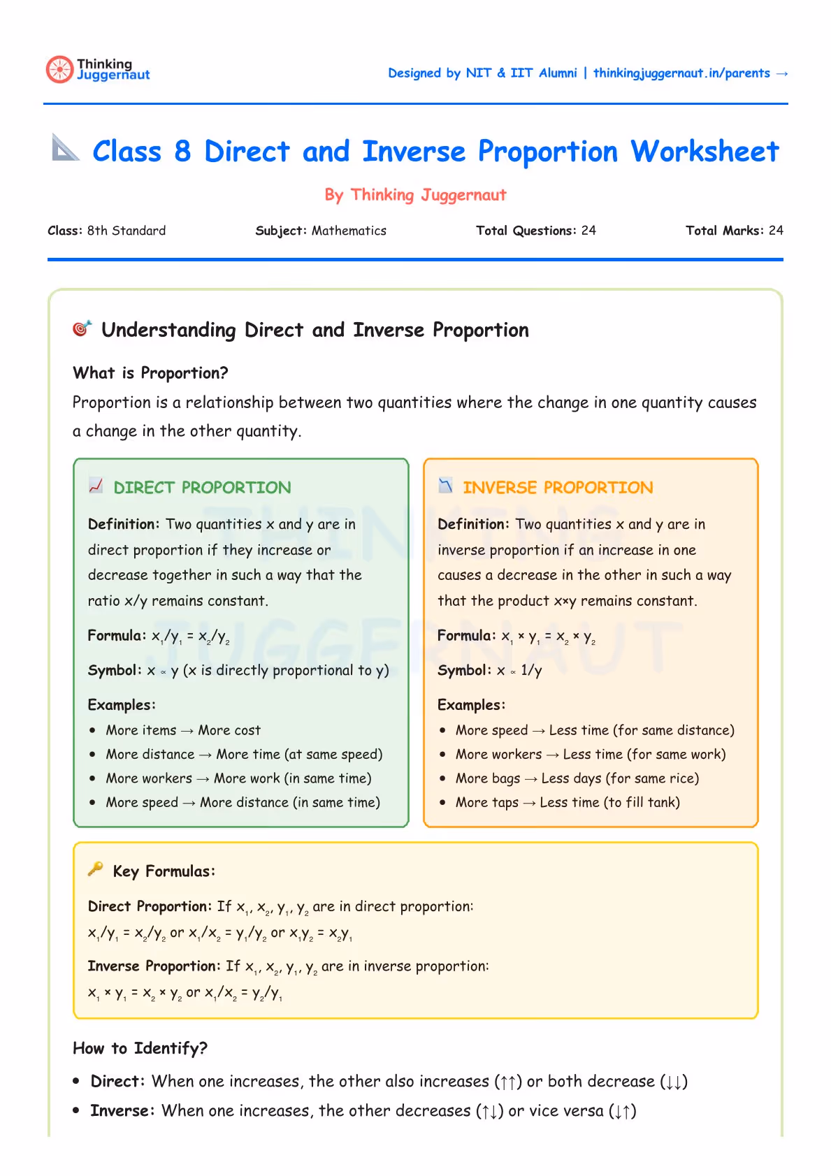 Class 8 mathematics worksheet explaining direct and inverse proportion with definitions, formulas, examples, key formulas, and identification tips.