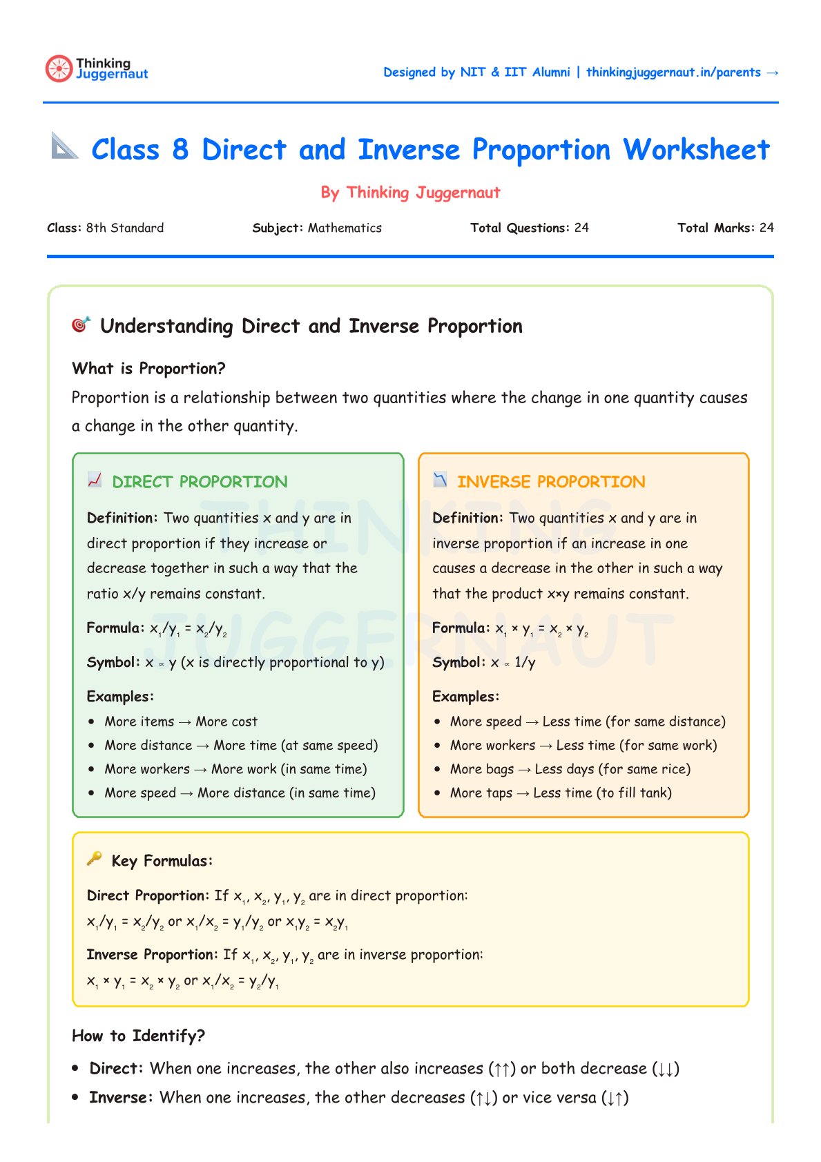 Class 8 mathematics worksheet explaining direct and inverse proportion with definitions, formulas, examples, key formulas, and identification tips.