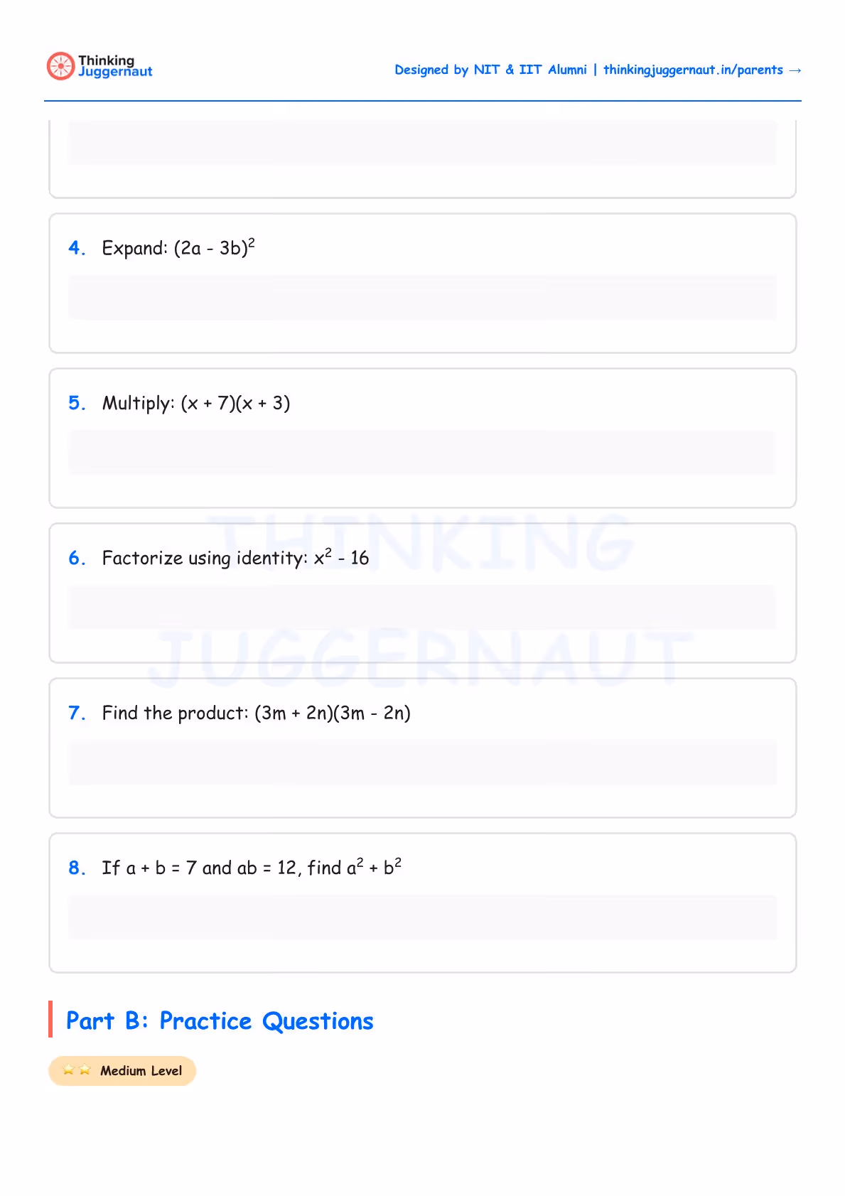 Worksheet section with algebraic expression problems including expanding, multiplying, factorizing, and finding products with variables a, b, m, n, and x.